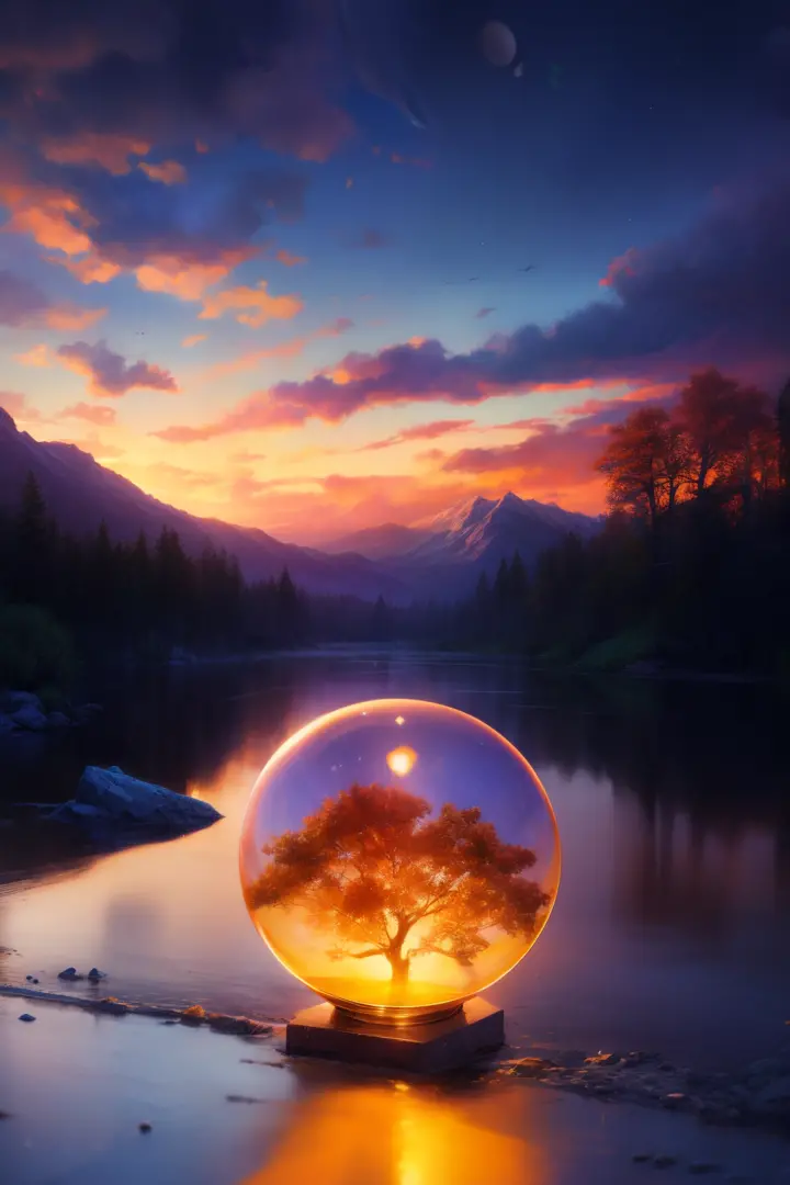 tmasterpiece, Best quality at best, high high quality, extremely detaild的 CG unified 8k wallpapers, ｛The scenery inside the giant crystal ball｝,（Outdoor sports, sky sky, ​​clouds, daysies, without humans, Monte, The landscape, Eau, that tree, blue-sky, wat...