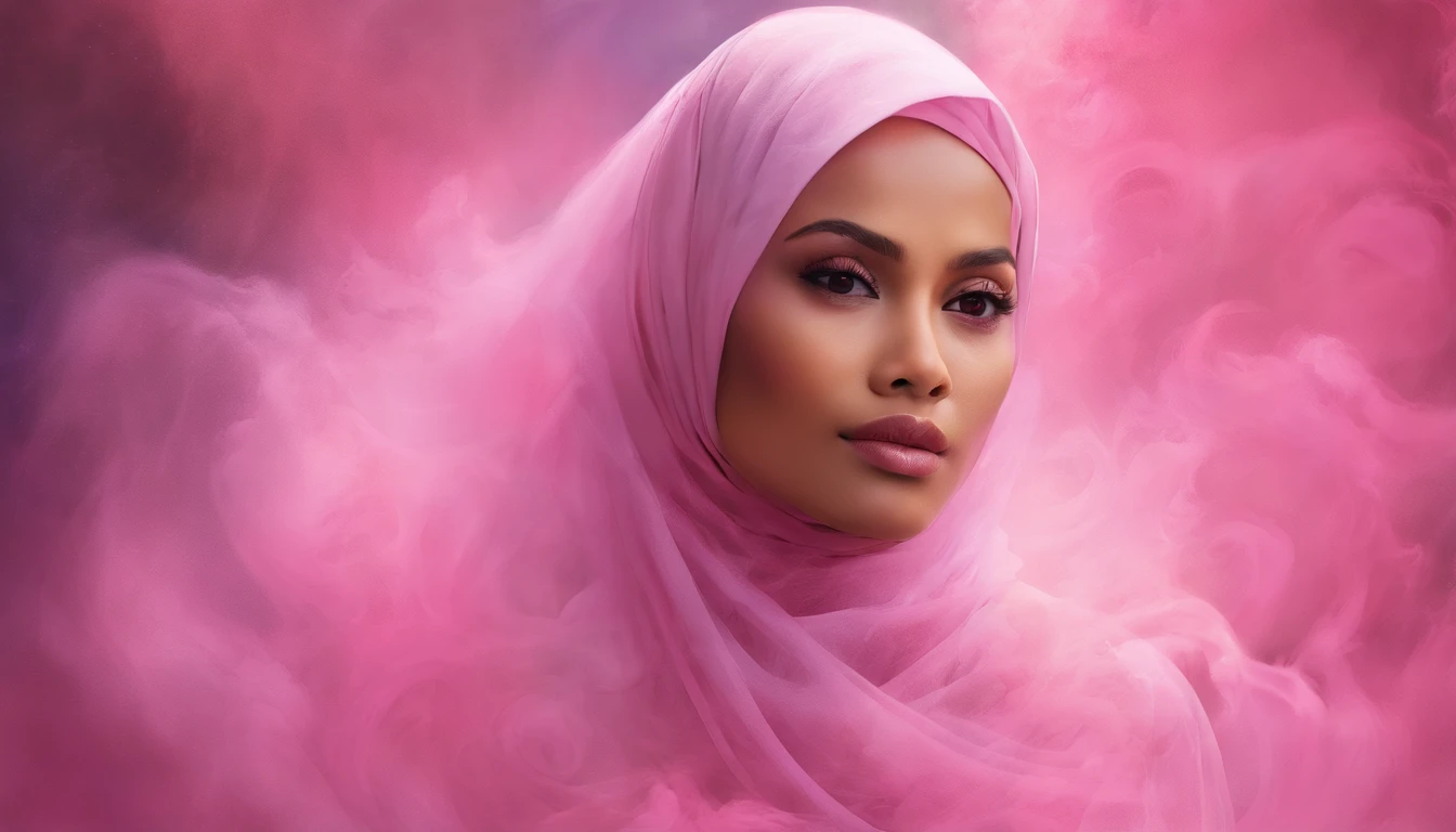 A woman wearing a pink hijab in a cloud of smoke - SeaArt AI