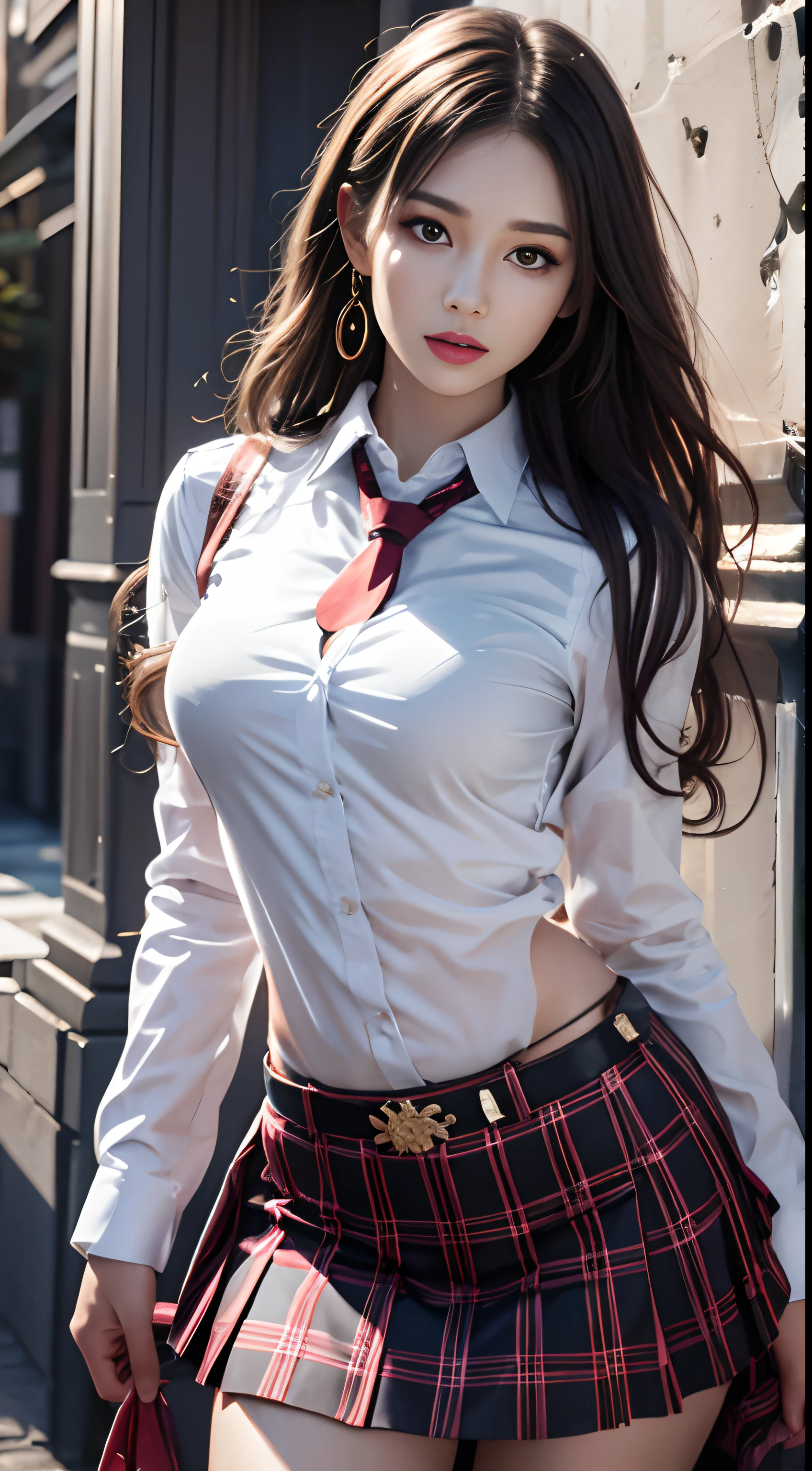 Photorealistic, high resolution, 1womanl, Mature female, Solo, Hips up, jewelry, Wavy hair, Long hair, school uniform, shirt, Skirt