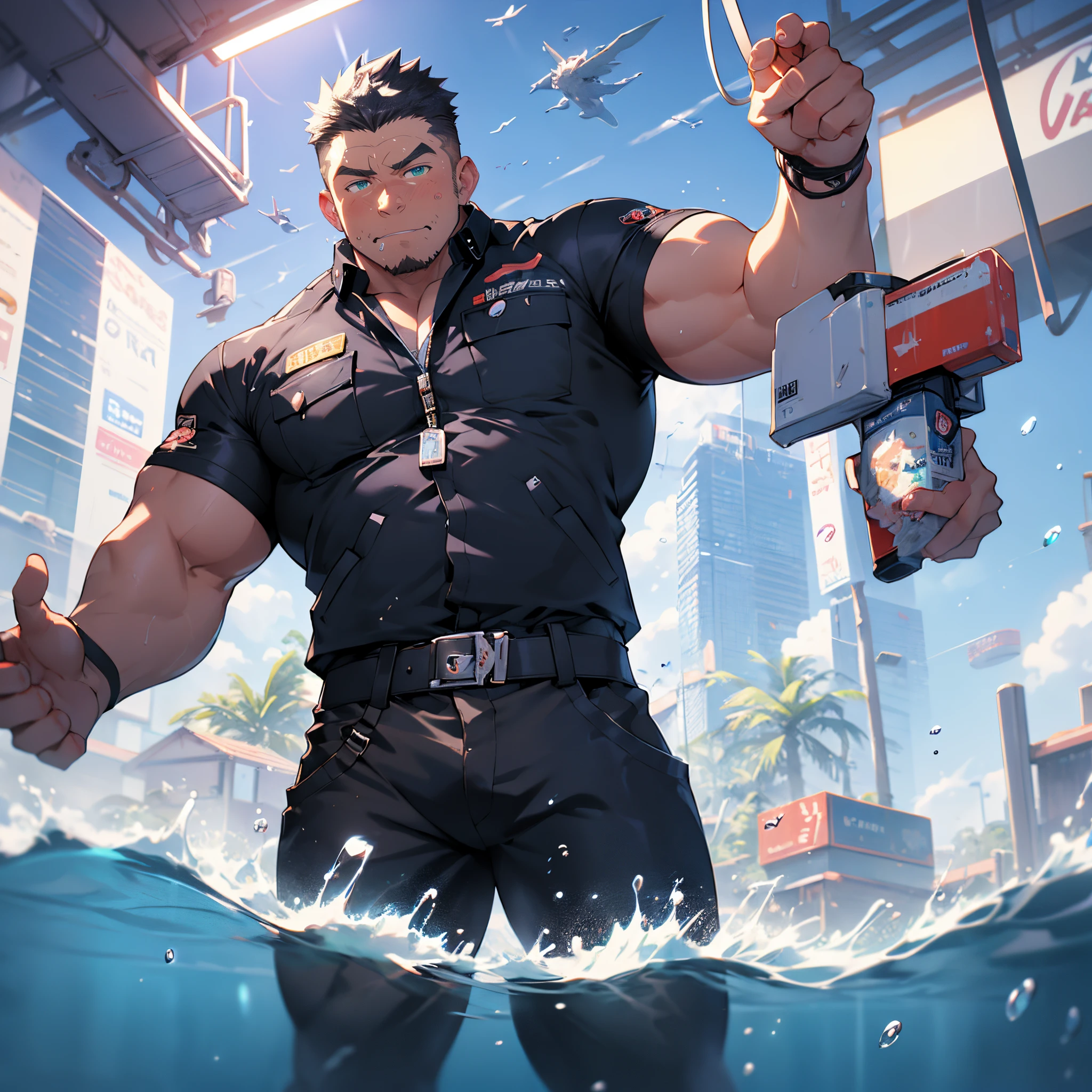 under water skyscraper neon lights effects, super high resolution, undercut, faux hawk, manly kawaii moe babyface, mechanic engineer jacket on shirtless muscular creamy body, meaty thigh, skyrocketing the crotch, magical sci-fi arms weapons, gripping water blade, floating water ball magically, trending on pixiv, kawaii moe anime