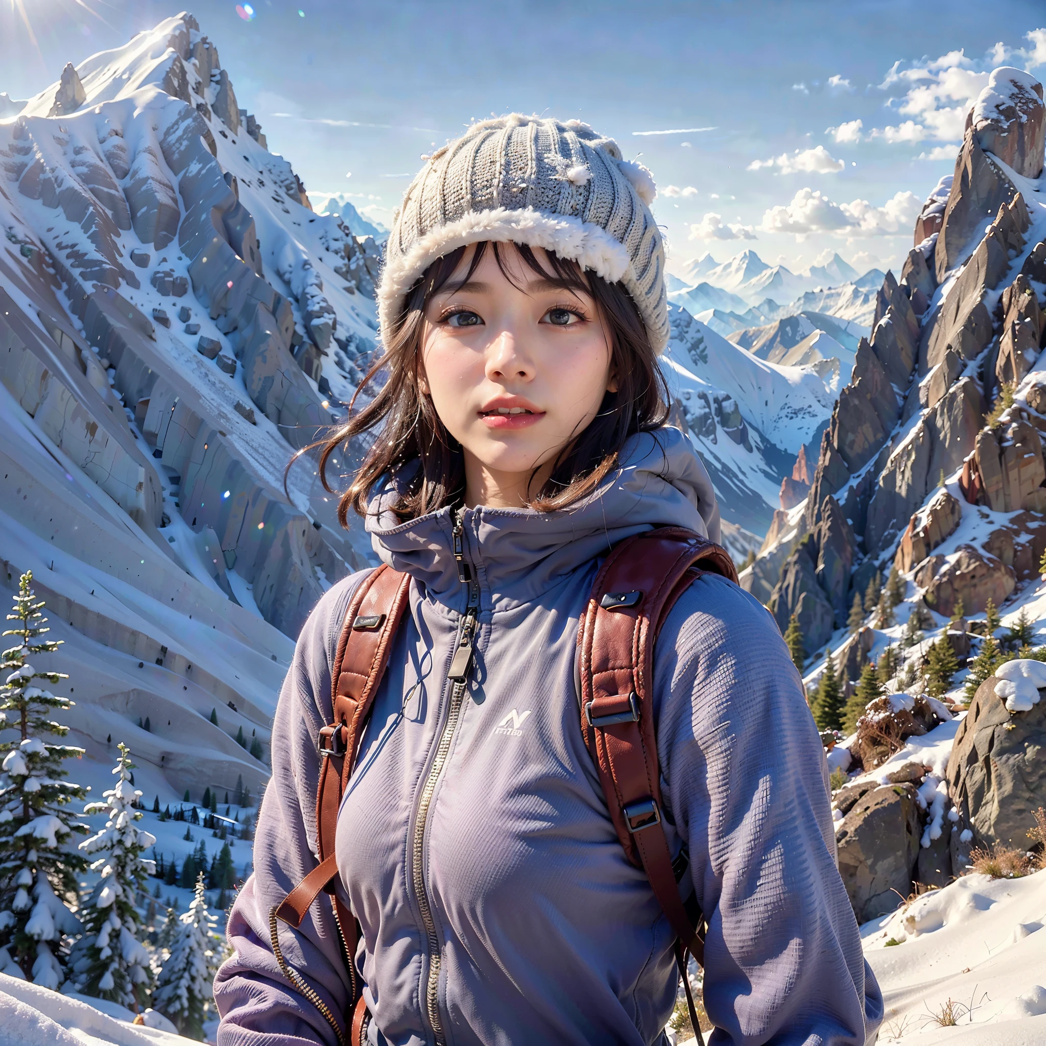 (Background, Magnificent mountain views, blue open sky, white clouds, snow, winter):1.3,  (medium hair, dark brown hair), (top-quality, Photorealistic:1.4, masterpiece:1.3, RAW Photography:1.2, cinematic light, very detailed illustration), (1woman:1.3, solo), (Mountain-jacket, T-shirt, trekking-pants, knit hat, Leather gloves), (Carrying a backpack), (Walking along a mountain trail), (ultra delicate face, ultra Beautiful fece, ultra delicate eyes, ultra detailed nose, ultra detailed mouth, ultra detailed facial features), petite woman, (medium breast:1.3), from the front side, glossy lips, white breath, selfee:1.3