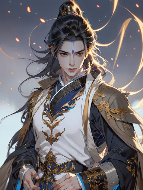 a handsome chinese man，（Whole-body proportions），style of anime，One guy（male warrior），（Fan in hand）proportions are correct，Face d...