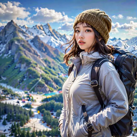 (Background, Magnificent mountain views, blue open sky, white clouds, snow, winter):1.3,  (medium hair, dark brown hair), (top-quality, Photorealistic:1.4, masterpiece:1.3, RAW Photography:1.2, cinematic light, very detailed illustration), (1woman:1.3, sol...