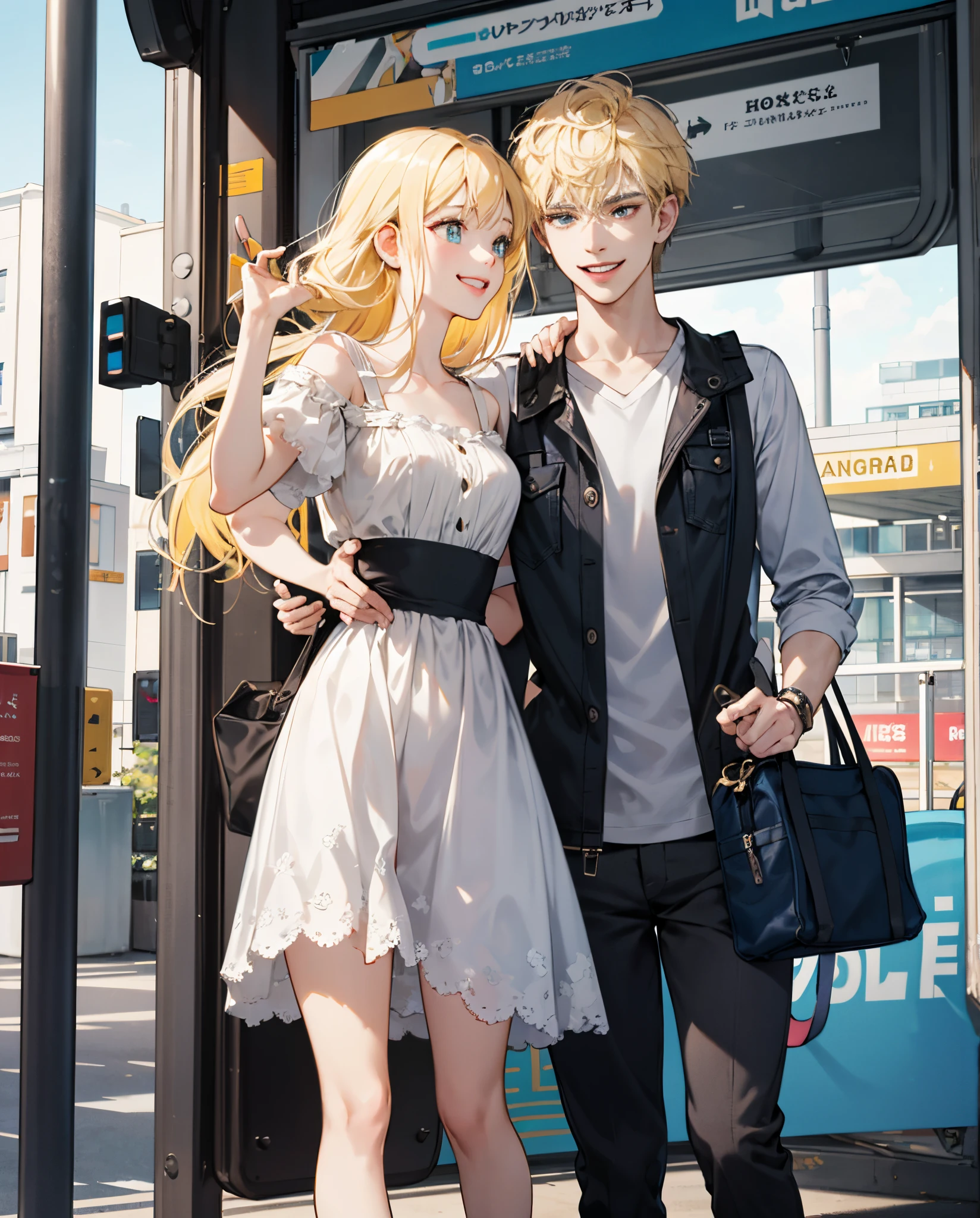 Anime couple posing for a picture at a bus stop - SeaArt AI