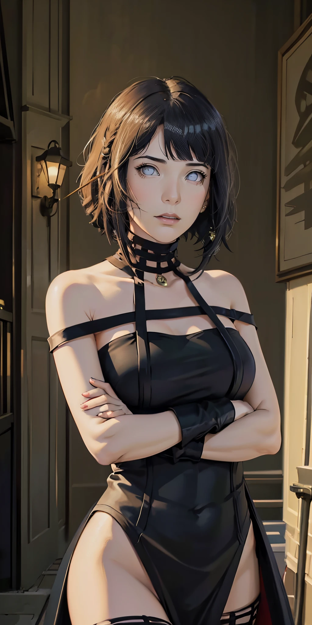 (best quality, highres, masterpiece:1.2), detailed portrait, short hair, expressionless face, standing figure, walking motion, emphasis on thigh and upper body, crossed arms, voluminous breasts, vibrant colors, studio lighting, night street, by Conor Harrington, black dress, black thighhighs, black gloves