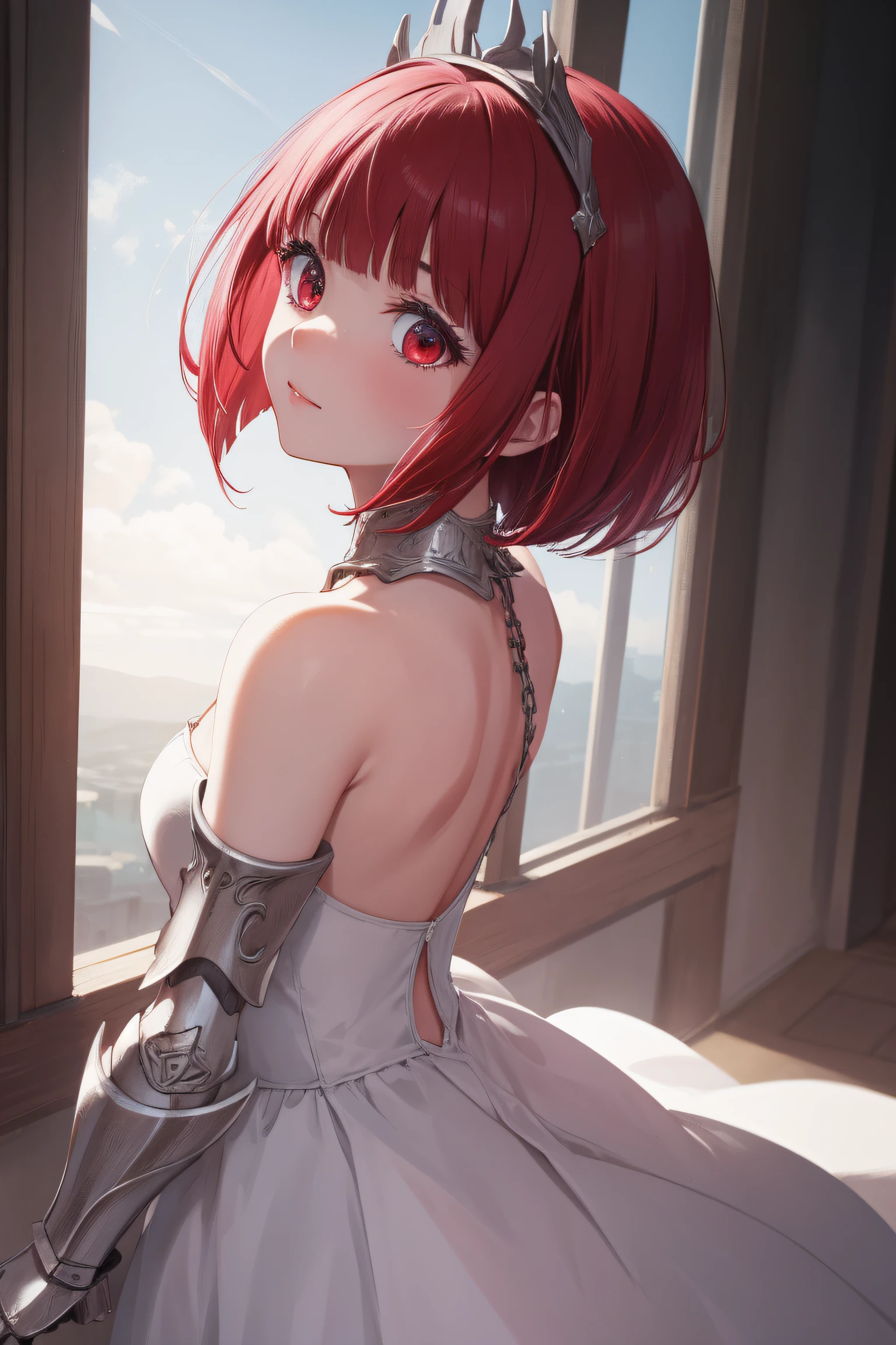 kanaarima, kana arima, bob cut, (red eyes:1.5), red hair, short hair,
BREAK white dress, armor, armored dress, chain, collar, dress, faulds, gauntlets, headpiece, metal collar, plackart,
BREAK looking at viewer,from back view、Look back with a sideways glance、
BREAK indoors, classroom,
BREAK (masterpiece:1.2), best quality, high resolution, unity 8k wallpaper, (illustration:0.8), (beautiful detailed eyes:1.6), extremely detailed face, perfect lighting, extremely detailed CG, (perfect hands, perfect anatomy),