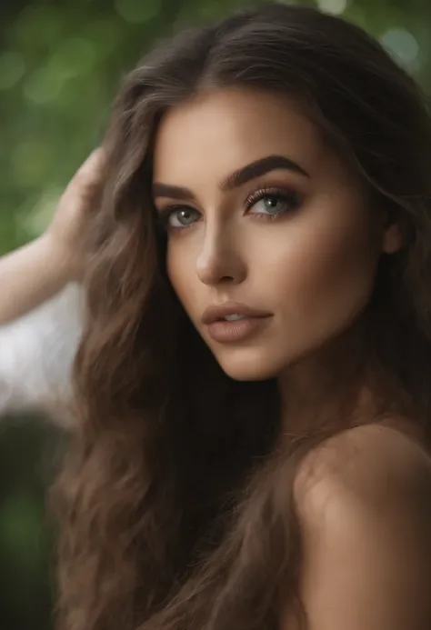 A woman with long brown hair and a black top posing for a picture - SeaArt  AI