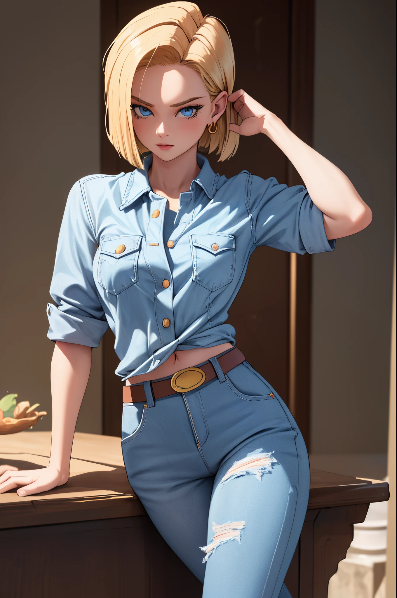 (Meisterwerk, beste Qualität), 1 Mädchen, schönes Gesicht, schöner Körper,  android18, Ohrringe, Denim, belt