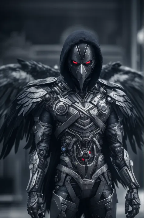 Raven made of metal, 1man, fierce expression, cyborg, cyberpunk style, mechanical, white eyes, humanoid, epic atmosphere, cinematic shot, vignette, bokeh background, black and white color grading