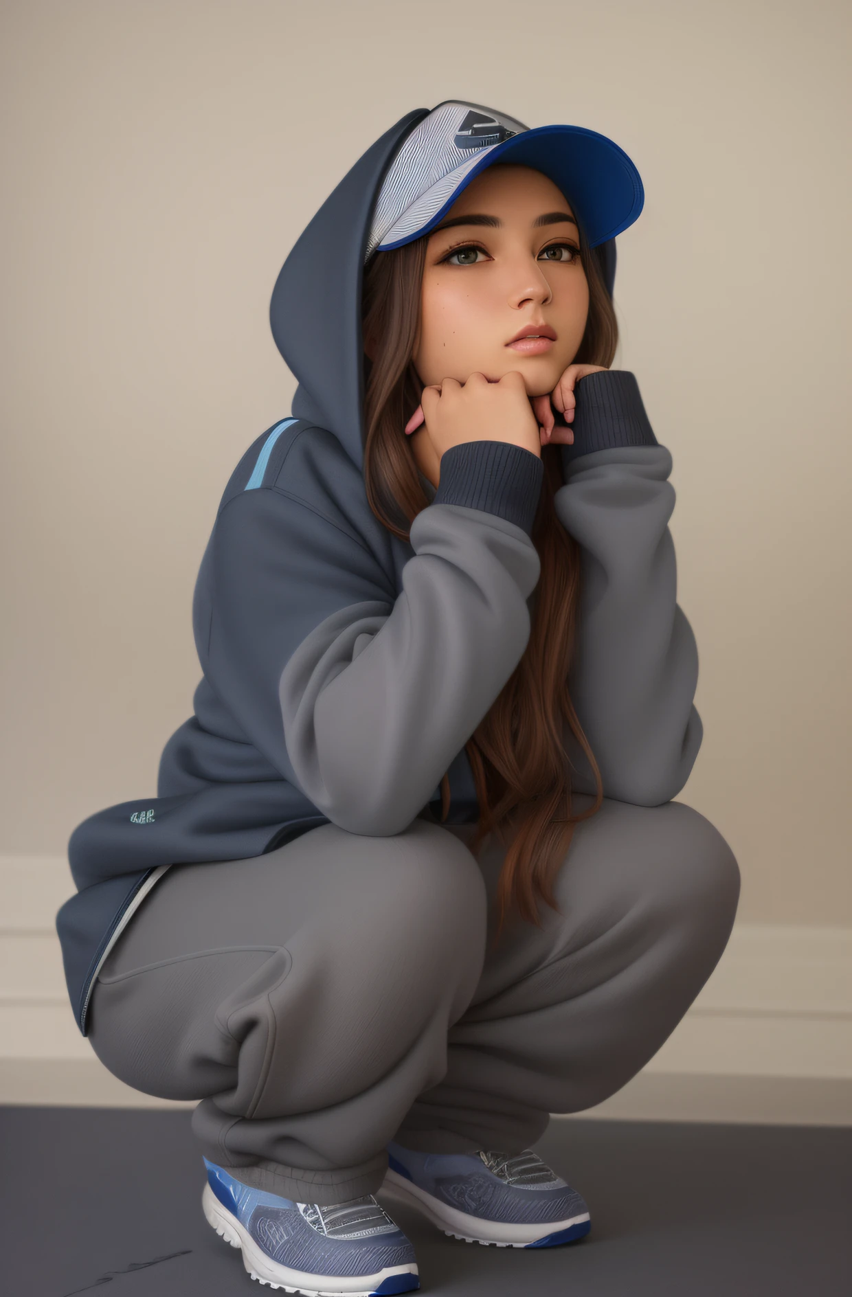 "(Best Quality,Realistic,Hyper-realistic:1.2),Ultra-detailed,Portrait,realistic oil painting,Hyperrealism Art Style,surreal artwork,girl wearing hoodie,Squatting on the wooden floor,Gray hoodie,blue cap,hoodie and sweatpants,Joggers,wearing a tracksuit,Arabian girls,Realistic portrait of a girl in a hoodie and blue hat,hoodie and sweatpants,Amazing detailed explanation,realistic portrait art,immersive dark background,Vivid colors,Precise brushwork,Attention to detail,I folded my hands in her lap.,express calm and tranquility."