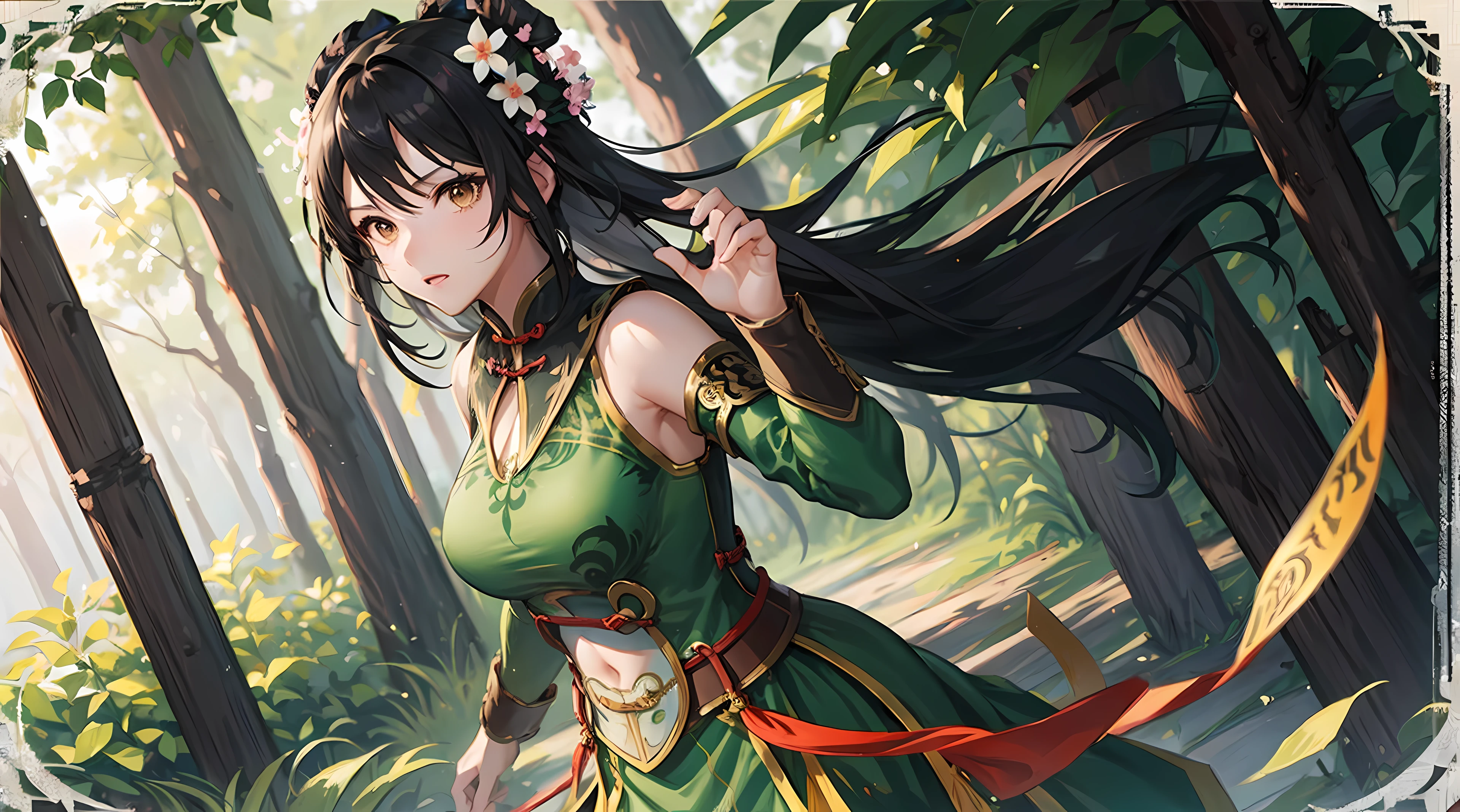 Guan yinping, fighting stance, serious, huge breasts, black hair, brown eyes, hair ornament, hair flower, green top, looking at viewer, forest, half body, holding card, long black socks, standing, upper body