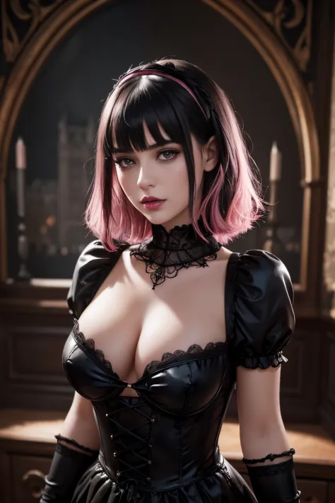 A girl with black hair with pink highlights, wearing a lace collar, Gothic art, many details, she is wearing glossy lipstick, ultra realistic image, dark hair bangs, beautiful appearance, naughty Gothic girl Charlotte, Upper body shot, NSFW