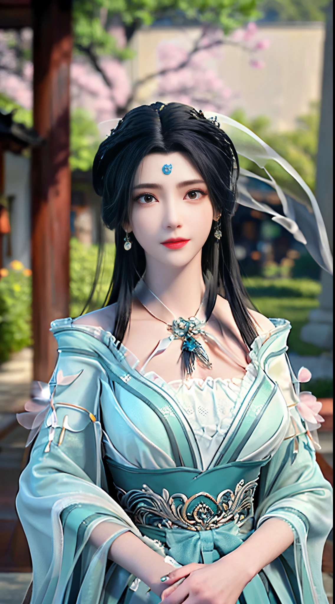 (Best Quality, Masterpiece: 1.2), Ultra High Resolution, Realistic, Front Lighting, Intricate Details, Exquisite Details and Textures, 1girl, Solo, (Young), Facial Highlight, Upper Body, Detail Face, Tear Mole, White Skin, Silver Hair, High Ponytail, Looking at the Audience, Big Eyes, Silk Hanfu, (Openwork Pattern, White, Silk), Earrings, Big Breasts, Slim Figure, Chang'an Avenue, Professional Lighting, Photon Mapping, Light Energy Transfer, Physically Based Rendering,