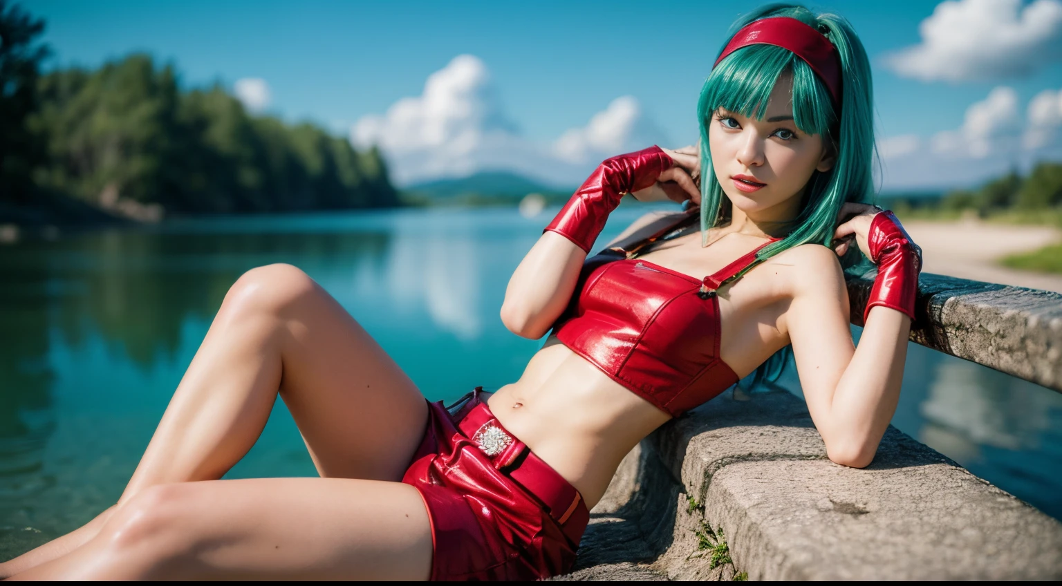 masterpiece, best quality, highest quality, photorealistic, perfect anatomy, perfect face, perfect eyes, aqua hair, brabulladbgt, red hairband, red gloves, red crop top, blue eyes, skirt, hoop earrings, choker, 1girl, outdoors, sexy pose