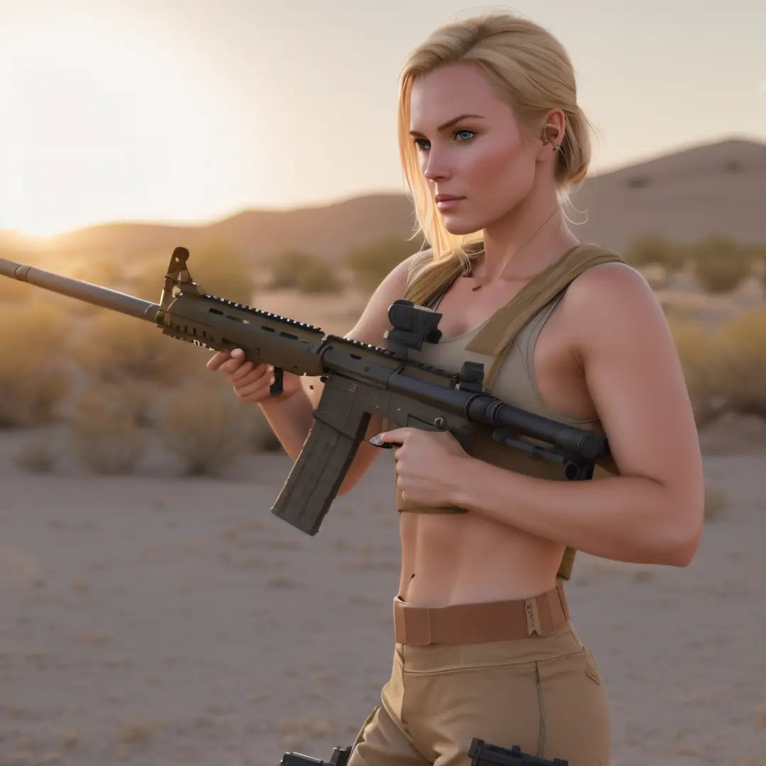 blond woman in a tank top holding a rifle in a desert, with rifle, cinematic —ar 16:9, carrying a rifle, holding a rifle, quiet ...