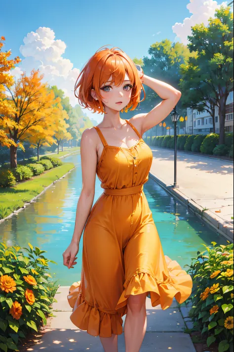 (a woman, park, sunny day, orange sundress, RAW, UHD, 8K, full body portrait:1.1, head, highly detailed face, stunning eyes, ora...