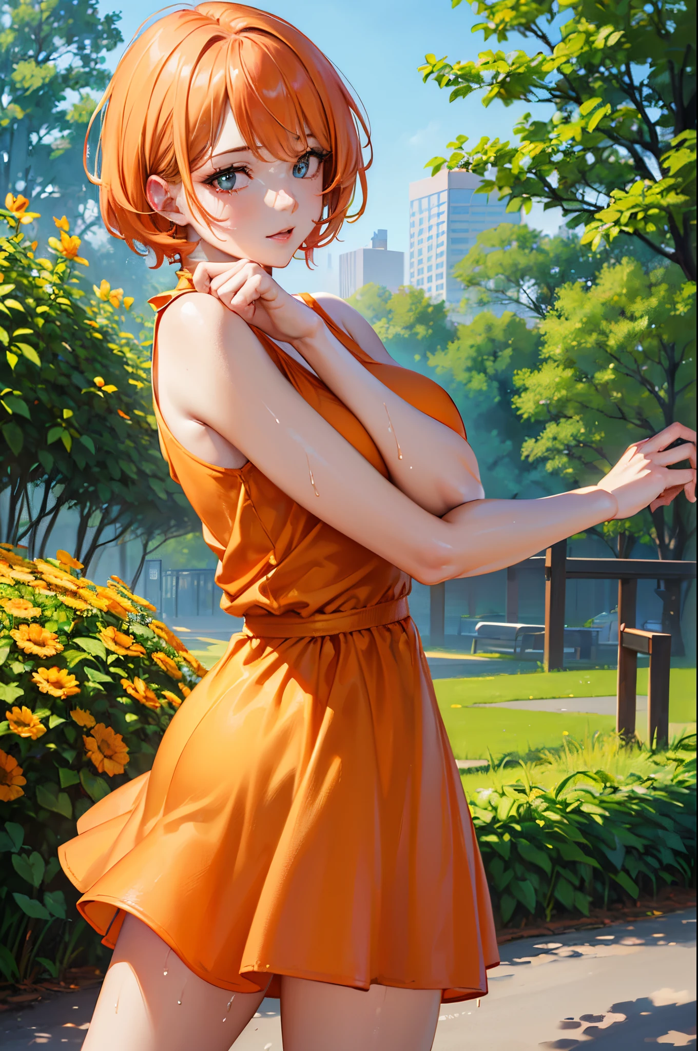 (une femme, parc, journée ensoleillée, robe d&#39;été orange, BRUT, UHD, 8k, portrait en gros plan:1.1, tête, Visage très détaillé, des yeux magnifiques, cheveux courts orange, retour vers la caméra, vêtements mouillés, couleurs vives, chaud soleil)