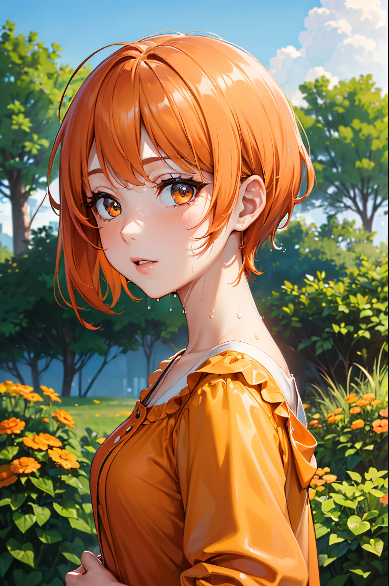 (a woman, park, sunny day, orange sundress, RAW, UHD, 8K, close up portrait:1.1, head, highly detailed face, stunning eyes, orange short hair, back towards camera, wet clothes, vibrant colors, warm sunlight)