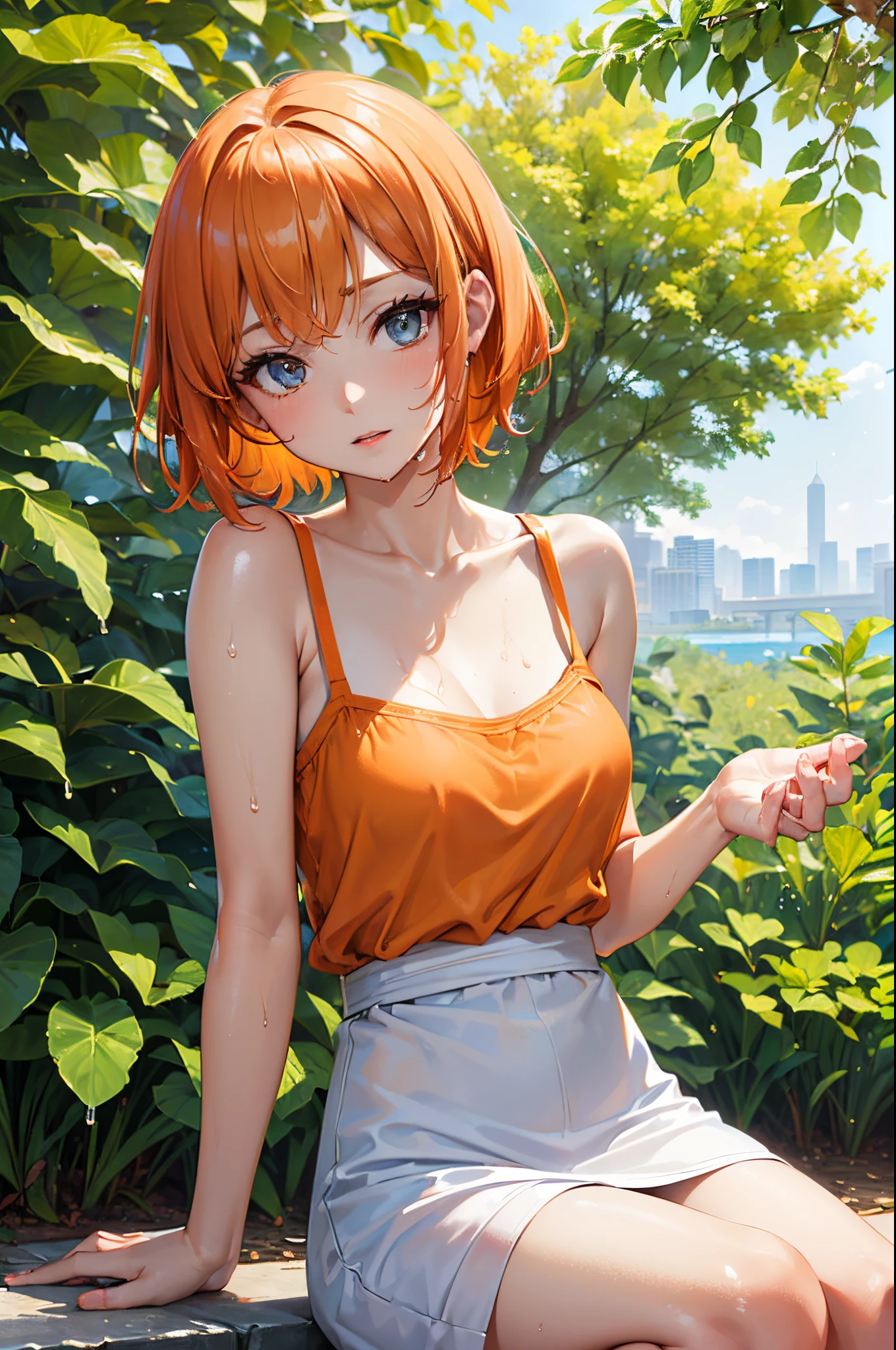 (a woman, park, sunny day, orange sundress, RAW, UHD, 8K, upper body portrait:1.1, head, highly detailed face, stunning eyes, orange short hair, back towards camera, wet clothes, vibrant colors, warm sunlight) sitting, back view