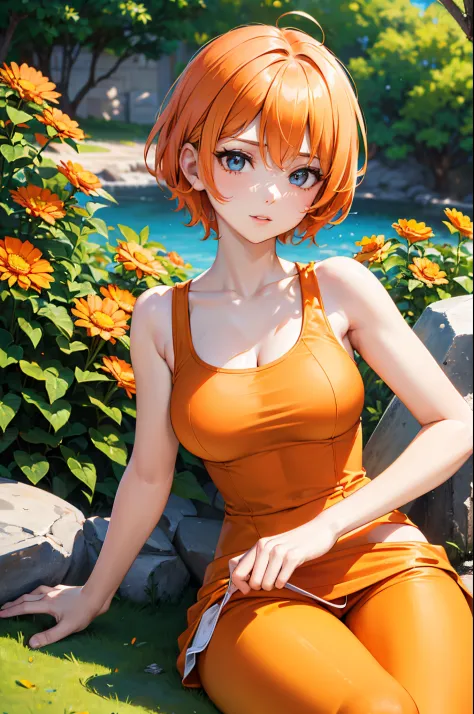 (a woman, park, sunny day, orange sundress, RAW, UHD, 8K, upper body portrait:1.1, head, highly detailed face, stunning eyes, or...