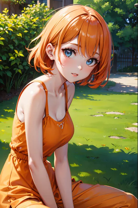 (a woman, park, sunny day, orange sundress, RAW, UHD, 8K, upper body portrait:1.1, head, highly detailed face, stunning eyes, or...