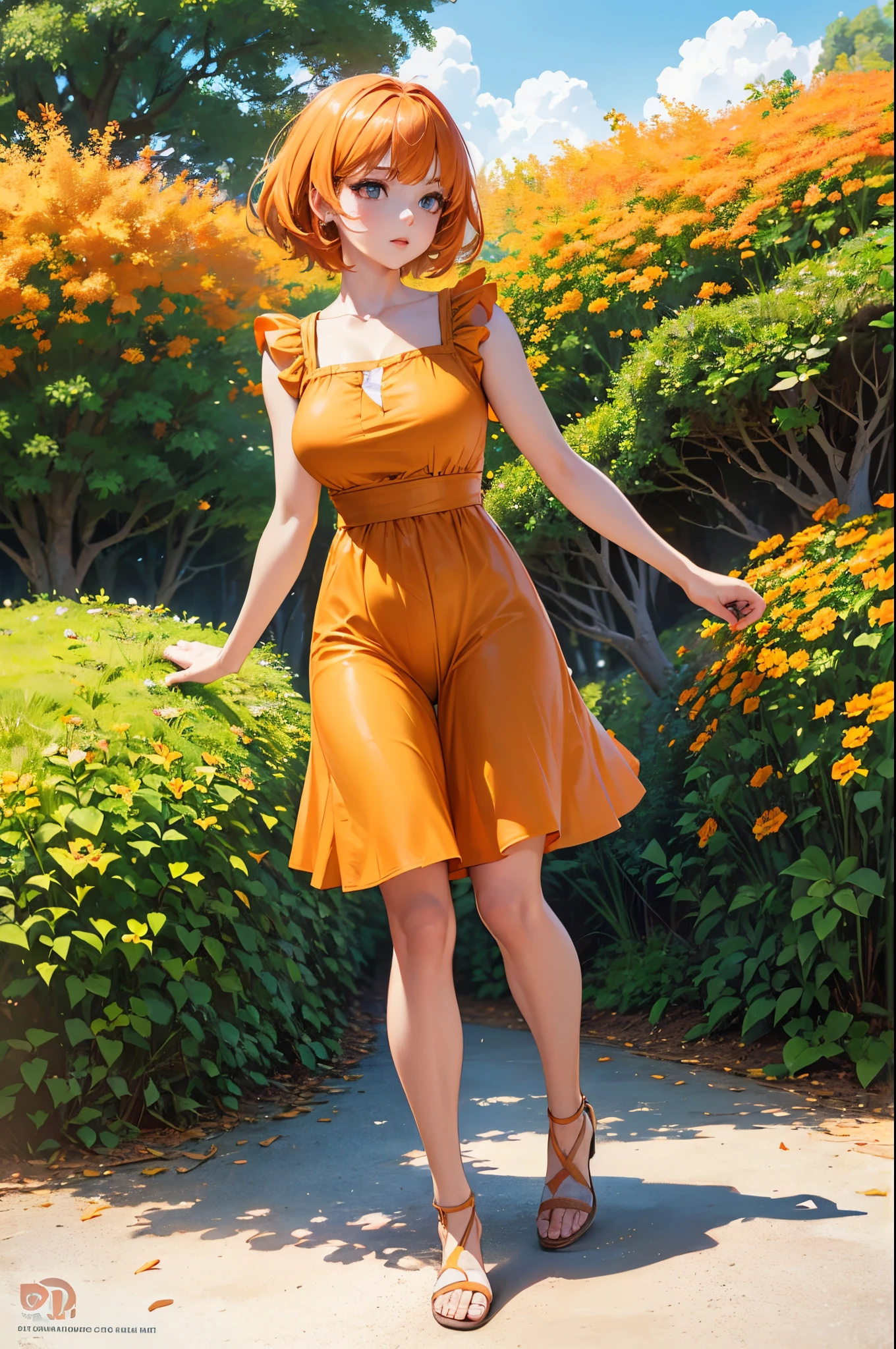 (a woman, park, sunny day, orange sundress, RAW, UHD, 8K, full body portrait:1.1, head, highly detailed face, stunning eyes, orange short hair, tight clothes, vibrant colors, warm sunlight),walking