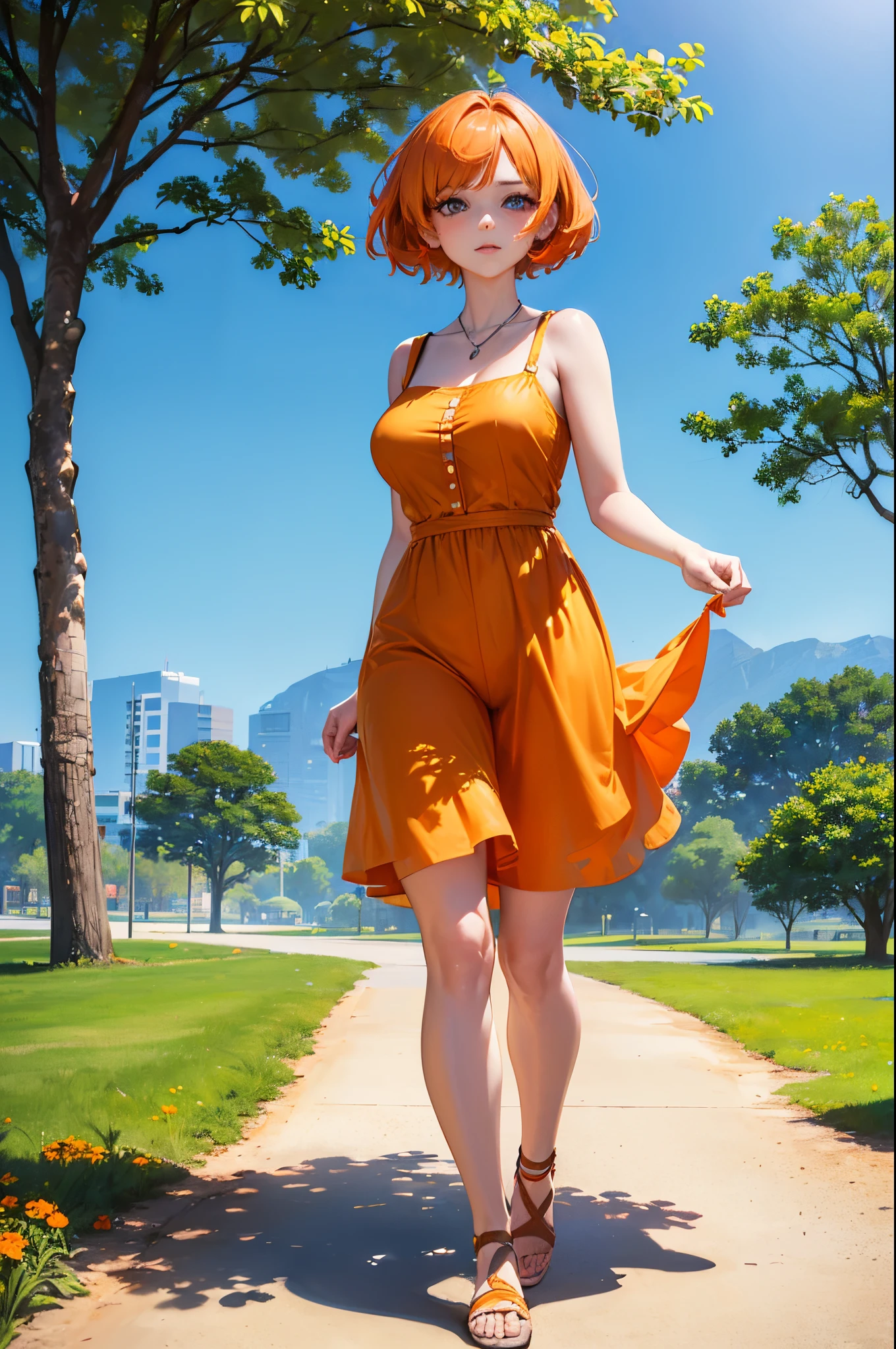 (une femme, parc, journée ensoleillée, robe d&#39;été orange, BRUT, UHD, 8k, portrait complet du corps:1.1, tête, Visage très détaillé, des yeux magnifiques, cheveux courts orange, des vêtements serrés, couleurs vives, chaud soleil),marche