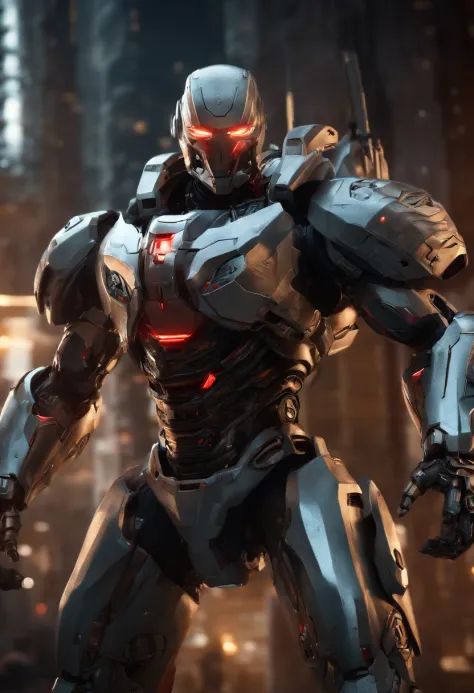 (an 8K,highres,ultra-detailed,masterpiece:1.2) cyborg warrior with a metallic body and glowing red eyes, (realistic,physically-based rendering) reflecting light in a mesmerizing way. Equipped with a powerful arsenal of futuristic weaponry, this (ultra-fine...