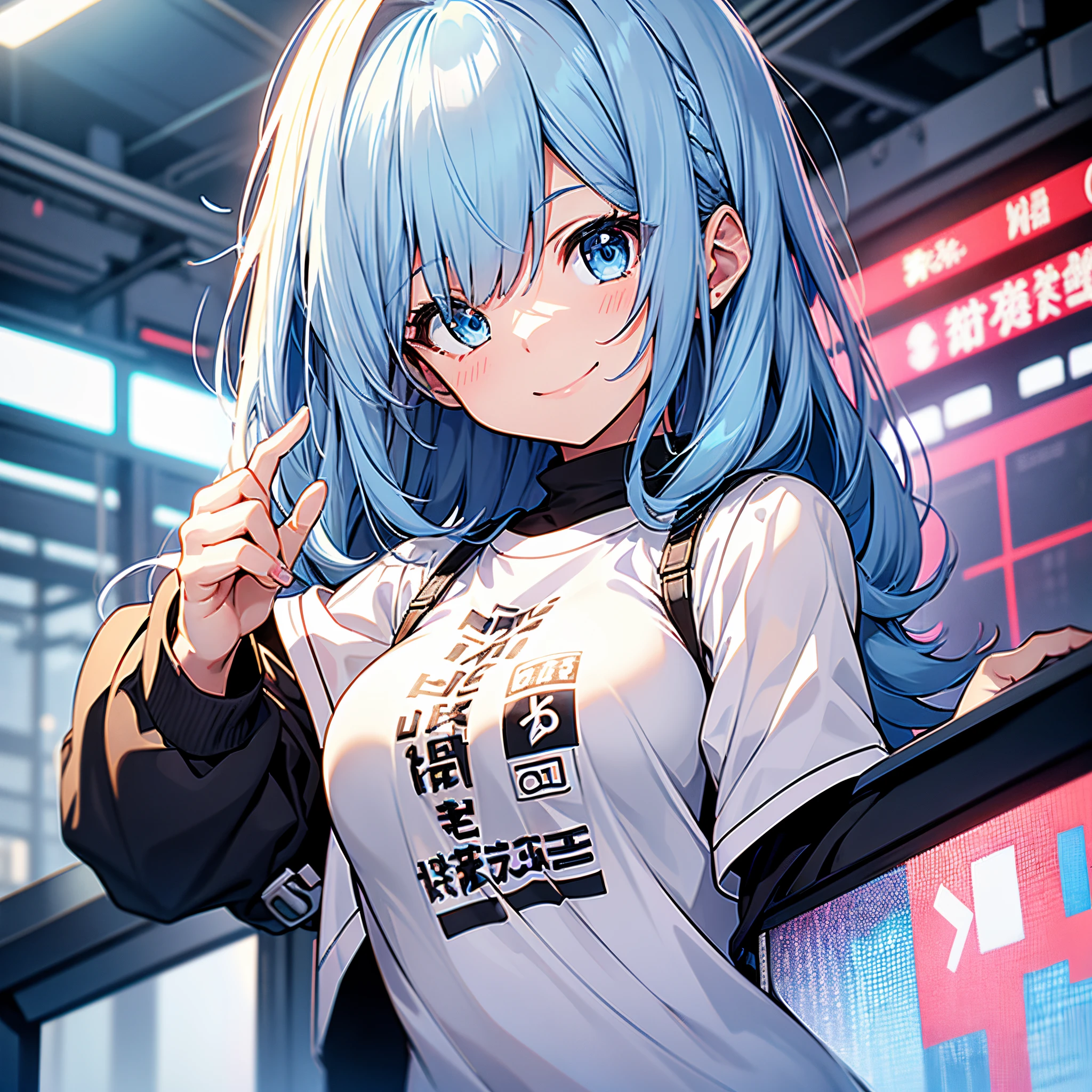 one girls、lightblue hair、Light blue eyes、a short bob、Enlarged depiction of the upper body、masutepiece、超A high resolution、No background, Thin、Smile and signal、Smile with your mouth wide open、Cute smile、Detailed limb depiction、Large size white t-shirt、Vivid neon background