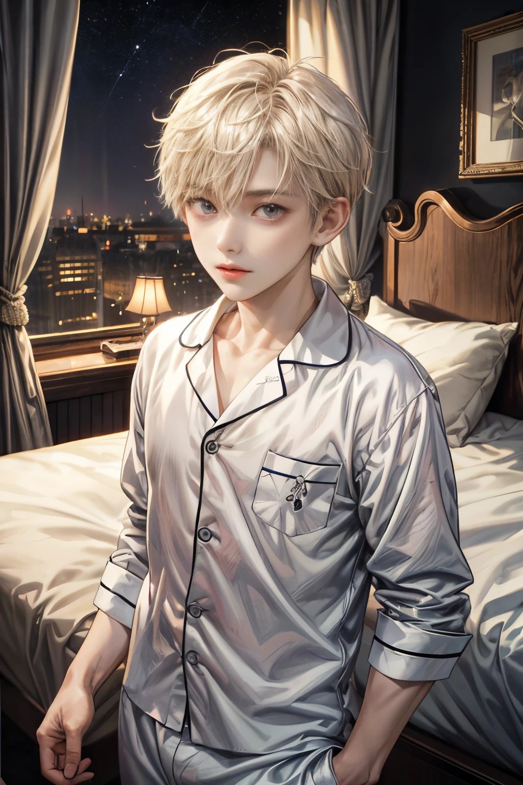 masutepiece, Best Quality, High quality, 1 boy aged 10, Solo, Male Focus, Looking at Viewer, Upper body, Shota:1.8, white fluffy short hair, Night, a bed, Cute pajamas