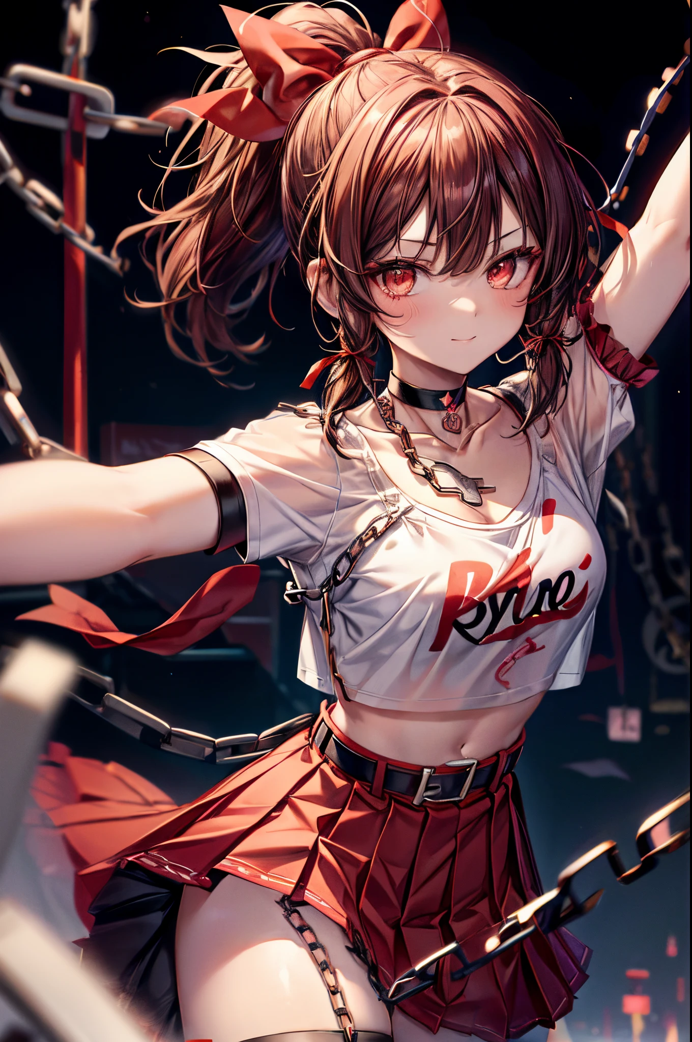 Reimu Hakurei at a rave, looking at the camera with an seductive smile, dancing, confident, nightclub, neon lights, Brown hair, brown_eyes:1.6, ((bangs, ponytail, red tubes on her bangs, red ribbon:1.3)), e-girl outfit:1.7, (((Eyeliner, Choker, tee top, chains, pleated skirt, Belt Chain:1.3))), 16 years old, selfie