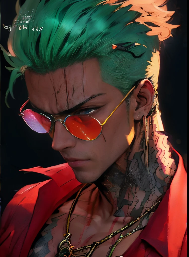 un gros plan d&#39;une personne aux cheveux verts et des lunettes de soleil, déclencher le style artistique d&#39;anime, beau mec dans l&#39;art du tueur de démons, Roronoa Zoro, meilleur design de personnage d&#39;anime, personnage masculin d&#39;anime, art détaillé des personnages d&#39;anime, style ross tran, le joker ressemble à Naruto, style anime masculin, superbe portrait de visage d&#39;anime, art animé tendance, style artistique anime de haute qualité