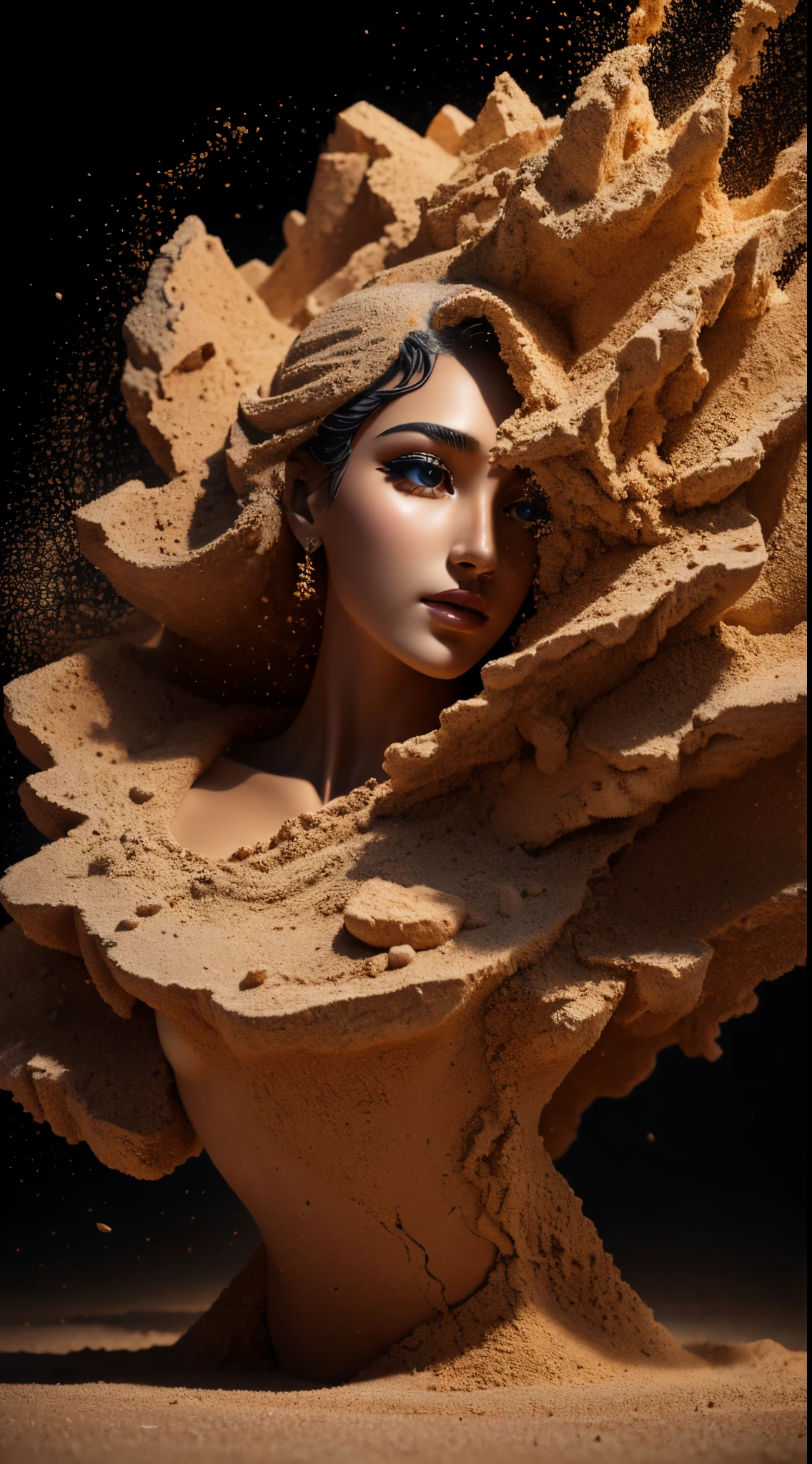 photo ultra détaillée d&#39;une sculpture en pierre et sable en forme de femme, Explosion de poussière, effets de mouvement, poussière colorée, lumières de studio, mise au point ultra nette, tir à grande vitesse, couleurs douces, UHD, 16k
