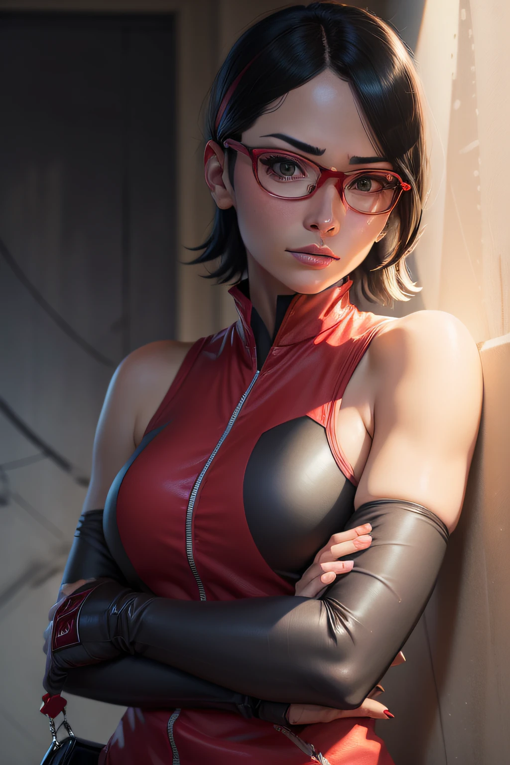 (highres,masterpiece:1.2),ultra-detailed,realistic,professional,beautiful detailed eyes,beautiful detailed lips,dark hair,short black hair,red glasses,stunning black eyes,clear skin,18-year-old girl,fashionable short hairstyle,vibrant red glasses,Shinobi Academy,fierce determination,confident posture,crimson outfit,intense gaze,background filled with ninjutsu techniques,shadows cleverly accentuating her features,subtle studio lighting,sublime realism,striking color tones