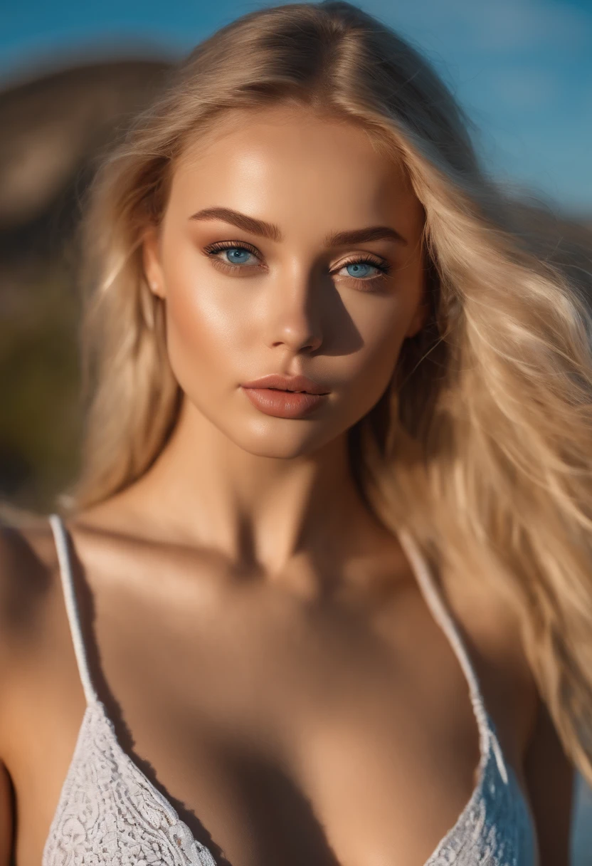 A close up of a woman with long blonde hair wearing a white bikini - SeaArt  AI