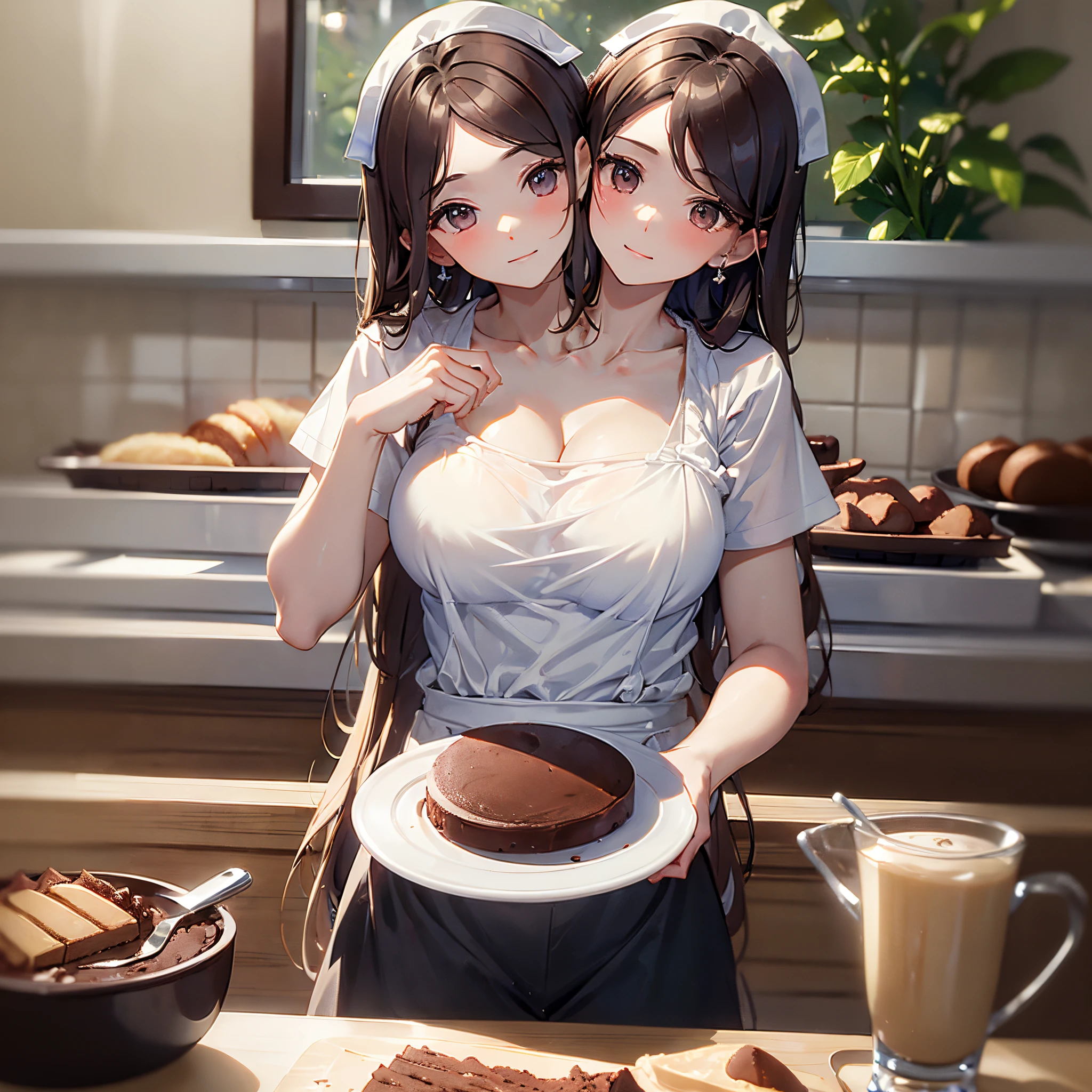 (masterpiece, best quality), best resolution, (2heads:1.5), 1girl, professional baker, white shirt, brown apron, baking a chocolate cake