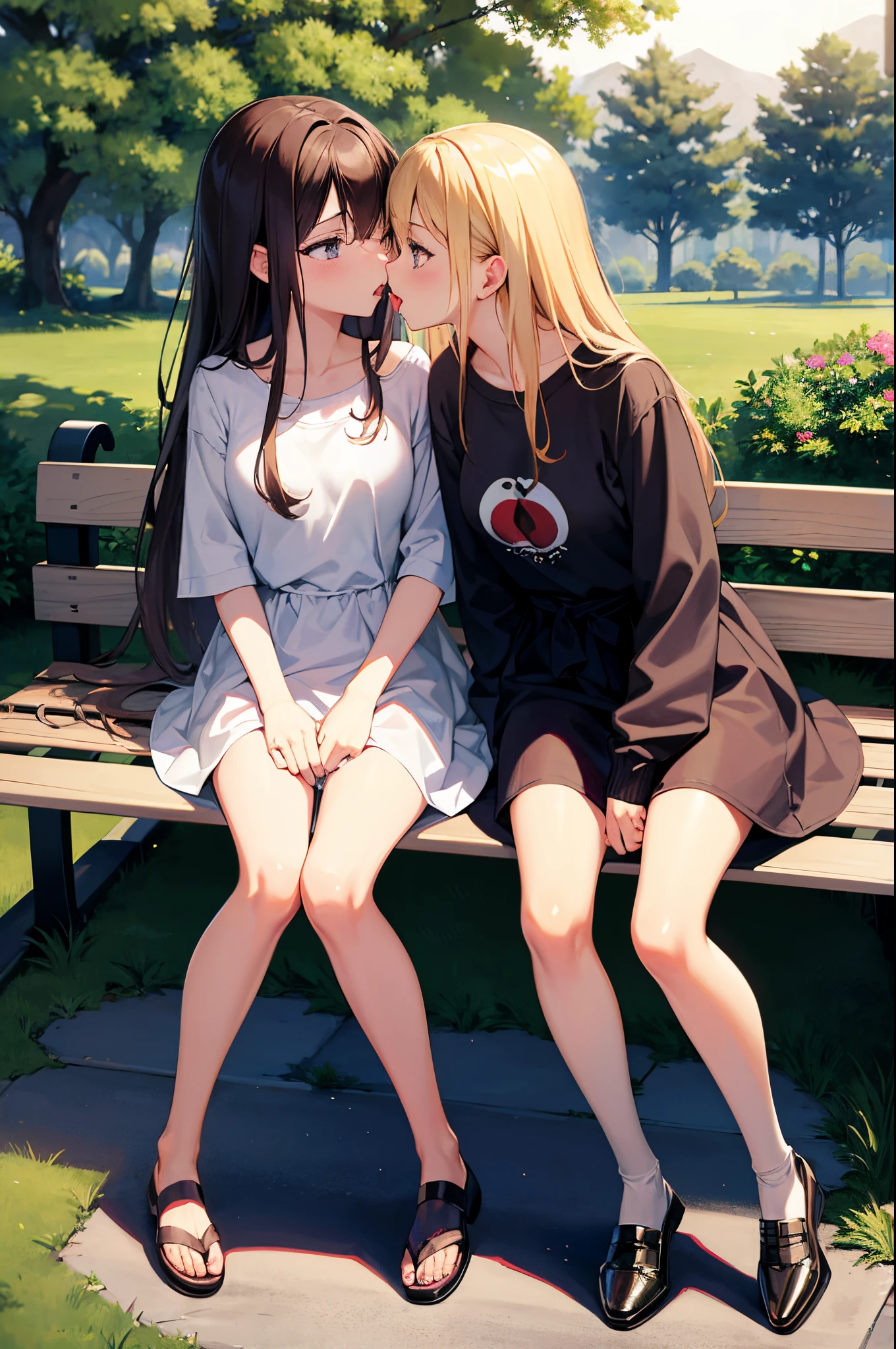 Anime image of two girls sitting on a bench kissing - SeaArt AI