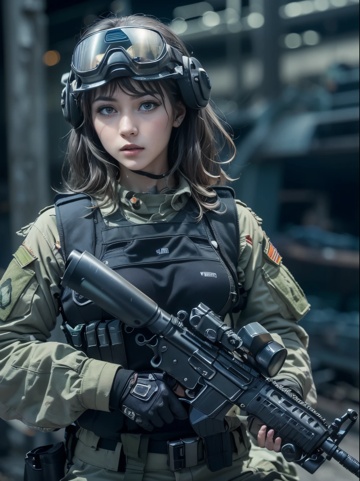 （(Highest image quality, excellent details, Ultra-high resolution、masutepiece、Photorealsitic: 1.4)), Shines、a beauty girl, with a delicate and beautiful face, ((Bold shots、Lively shots)), (slender body and long legs,,,), (dark green uniform、SWAT player、Mobile Police Uniforms, Black and gray mechs, Wearing a military harness,Have an automatic rifle), ((Huge abandoned factory in the background、Wear night vision goggles、Special Forces Helmet、Combat stance、aim with an automatic rifle、patrol、Emergency Deployment、operational actions))