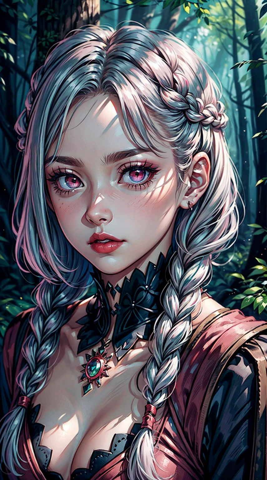 (masterpiece), best quality, expressive eyes, perfect face, upper body, beautiful face, mature woman, focused, beautiful eyes, crimson eyes, medium silver hair, small braids, elegant dress, magical forest background, front view, close up, pink lipstick, pink blush