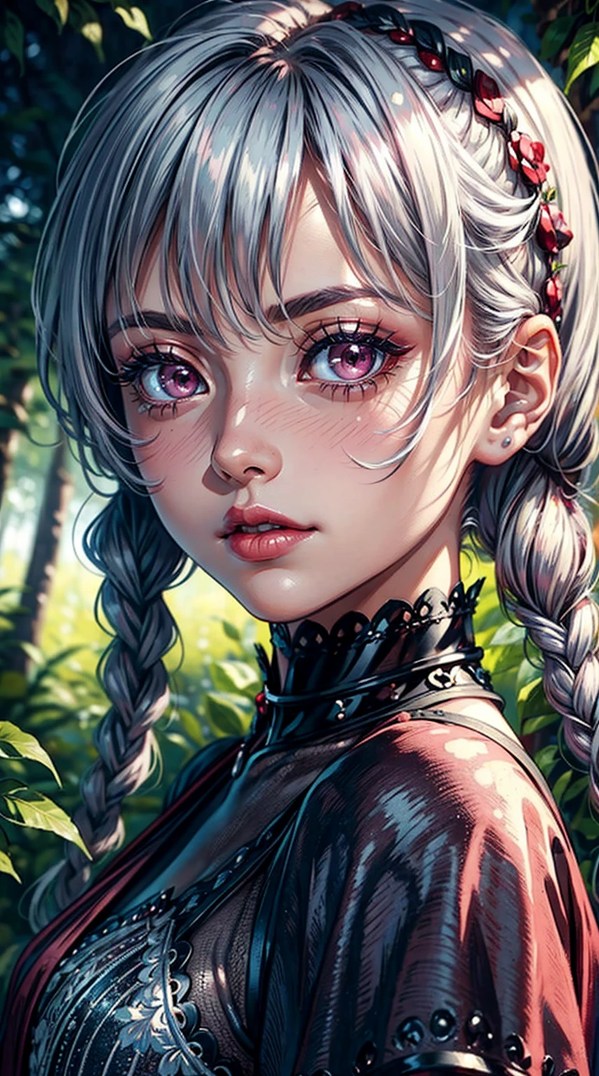 (masterpiece), best quality, expressive eyes, perfect face, upper body, beautiful face, mature woman, focused, beautiful eyes, crimson eyes, medium silver hair, small braids, elegant dress, magical forest background, front view, close up, pink lipstick, pink blush