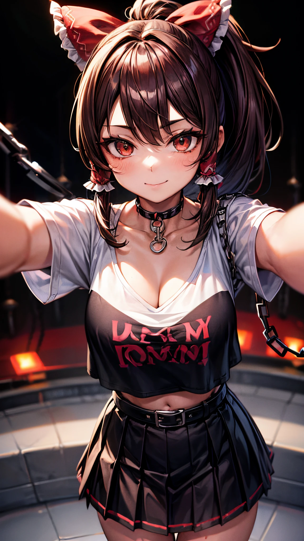 Reimu Hakurei at a rave, looking at the camera with an seductive smile, dancing, confident, nightclub, neon lights, Brown hair, brown_eyes:1.6, ((bangs, ponytail, red tubes on her bangs, red ribbon:1.3)), e-girl outfit:1.7, (((Eyeliner, Choker, tee top, chains, pleated skirt, Belt Chain:1.3))), 16 years old, selfie