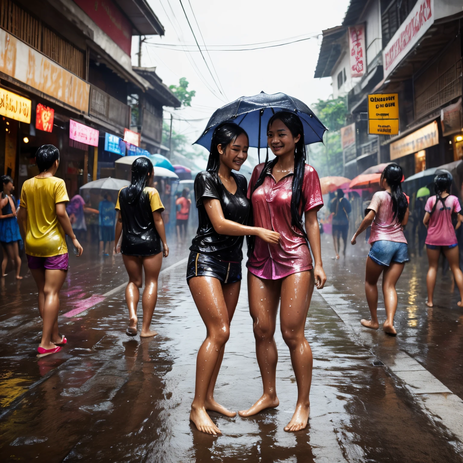 There are two women standing in the rain with umbrellas - SeaArt AI