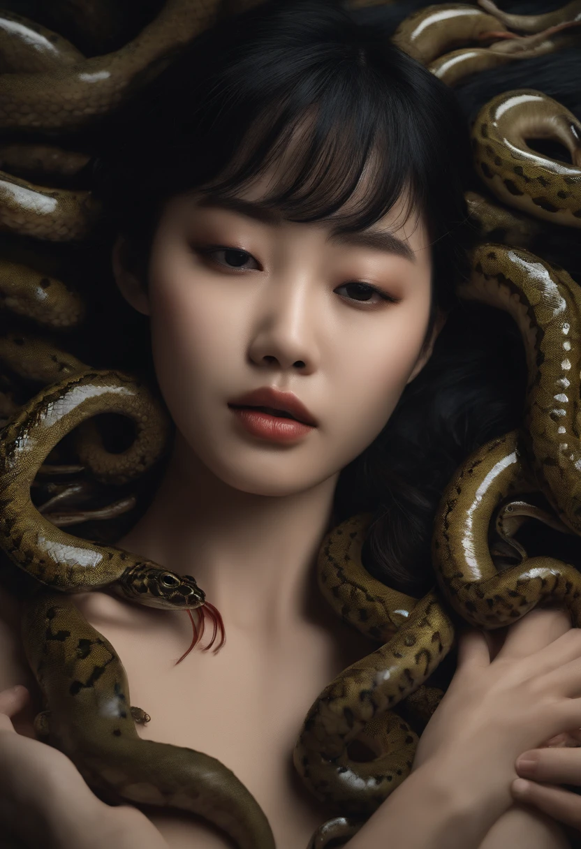 an asian girl is sleeping above a bed Covered with eels,  asian teen girl, crying expression, eels around the body, many eels, Fine details，Tentacled，Tied with snakes，- vaginal shot，drooling，Crying，Detailed body，Full limbs，photo Raw, hyper HD, Anatomically correct, Textured skin, realistic, realism, Super detail, High details, High quality, A high resolution, 8K, hyper HD, Anatomically correct, 35mm photograph