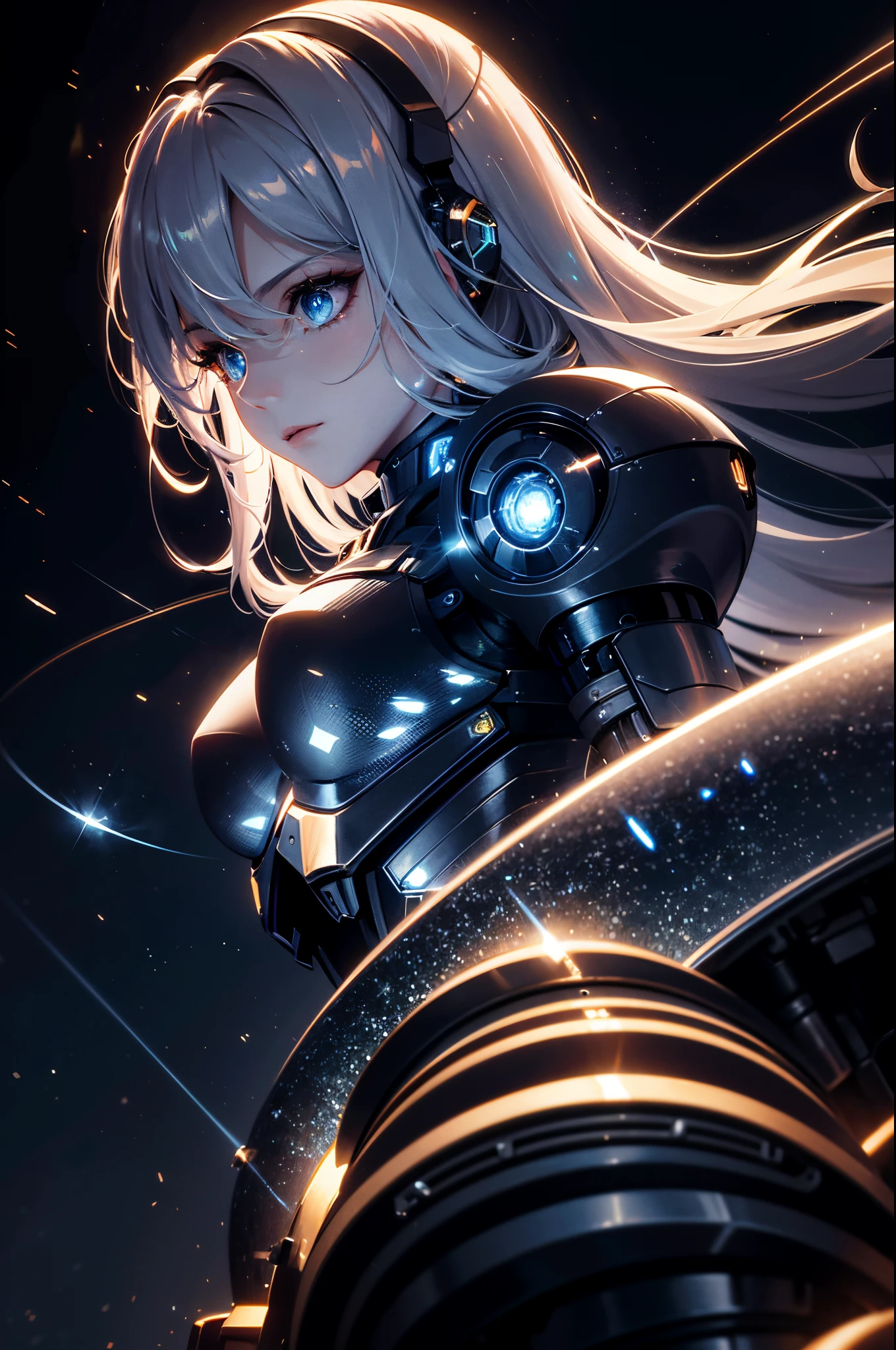 Mechanical girl, As estrelas,Best quality at best,4K,8K,A high resolution,tmasterpiece:1.2,ultra - detailed,actual,realisticlying:1.37,3Drenderingof,vivd colour,Focus sharp,cyber punk perssonage,detailedfacialfeatures,body modification,shiny metallic skin,deep dark background,starrysky,neonlight,Mechanical limb,The future of dystopia,A technological marvel,futuristic outfit,Strong and confident expression,Utopian metropolis,nighttime scene,beautiful glowing eyes,long and flowing hair,subtle bokeh effect,industrial machinery,HDR lighting,tough texture,scifi aesthetic