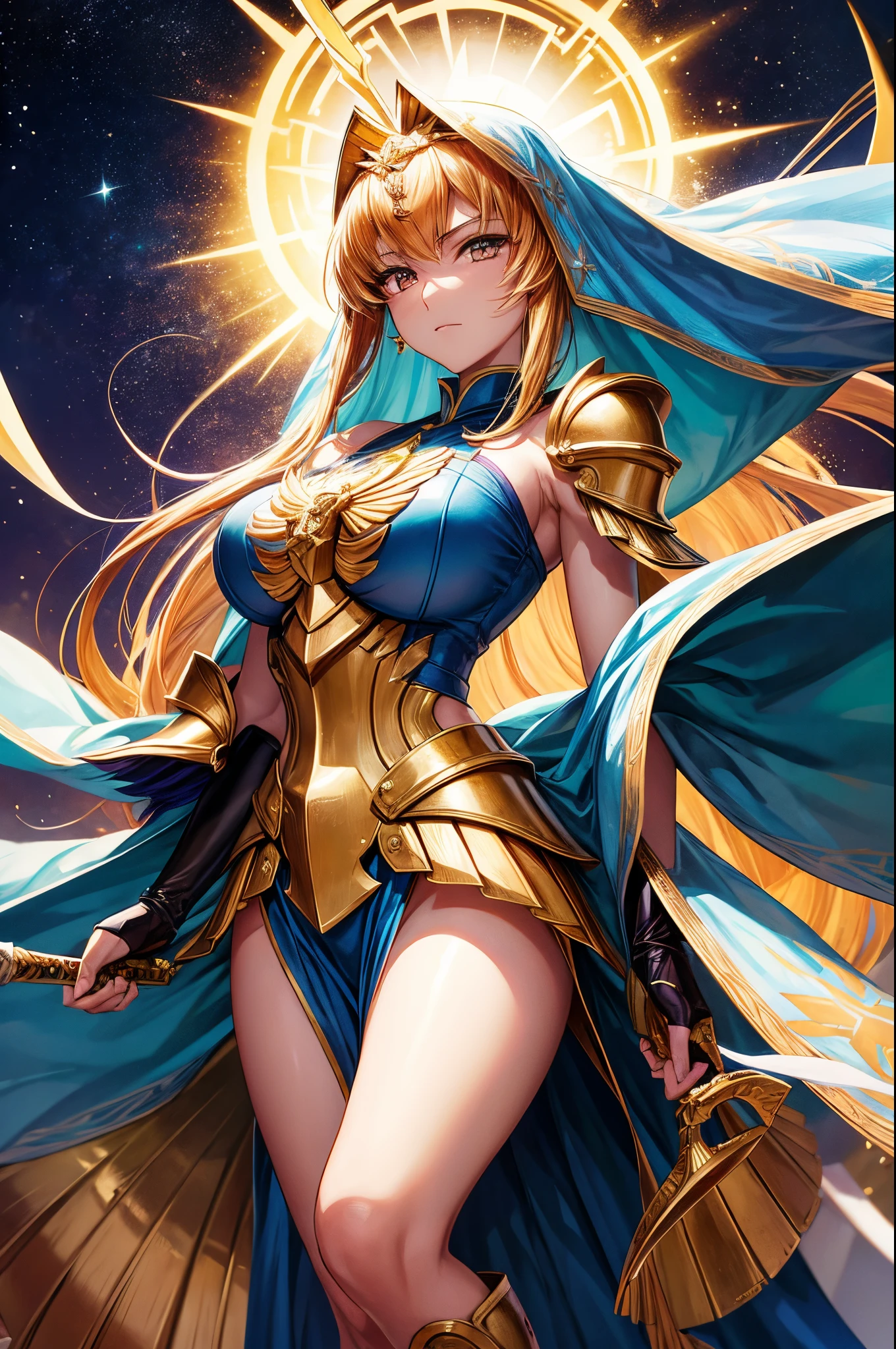 Saeko Busujima, une femme en costume doré tenant une épée, chevaliers de la fille du zodiaque, Galaxie marin. Beau, portrait chevaliers de la fille du zodiaque, Saint Seiya, apparaît comme la déesse du feu, déesse animée, déesse dorée Athéna, La déesse grecque Afrota, Le dieu Athéna, Armure dorée angélique, avec une armure dorée, Vénus, divinité Athéna