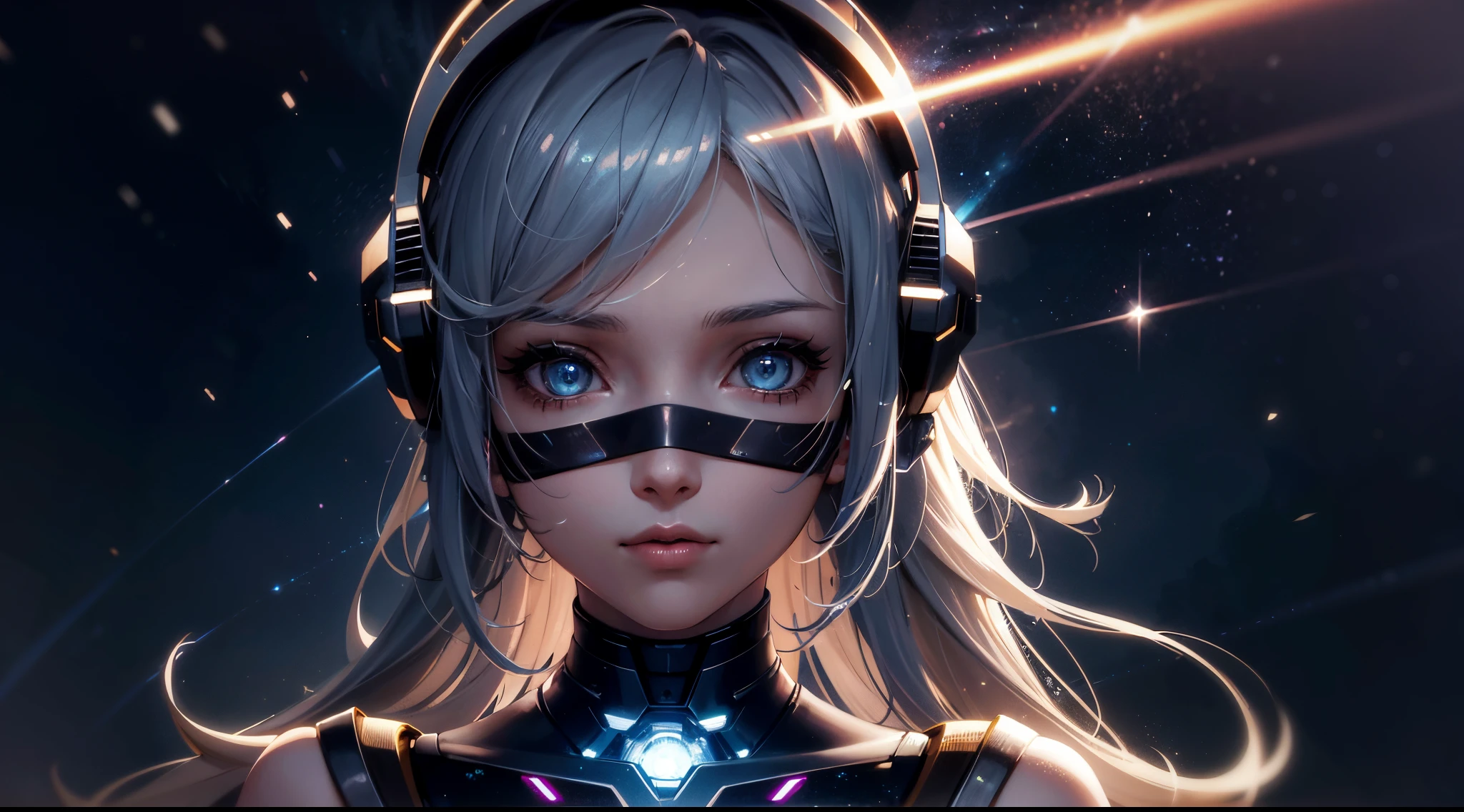 Mechanical girl, As estrelas,Best quality,4K,8K,A high resolution,tmasterpiece:1.2,ultra - detailed,actual,realistically:1.37,3 Rendering,vibrant with colors,Focus sharp,cyber punk personage,detailedfacialfeatures,Body makeover,shiny metallic skin,Deep dark background,starrysky,neonlight,Mechanical limb,The future of dystopia,A technological marvel,futuristic outfit,Strong and confident expression,Utopian metropolis,nighttime scene,beautiful glowing eyes,Long, flowing hair,subtle bokeh effect,industrial machinery,HDR lighting,Tough texture,scifi aesthetic