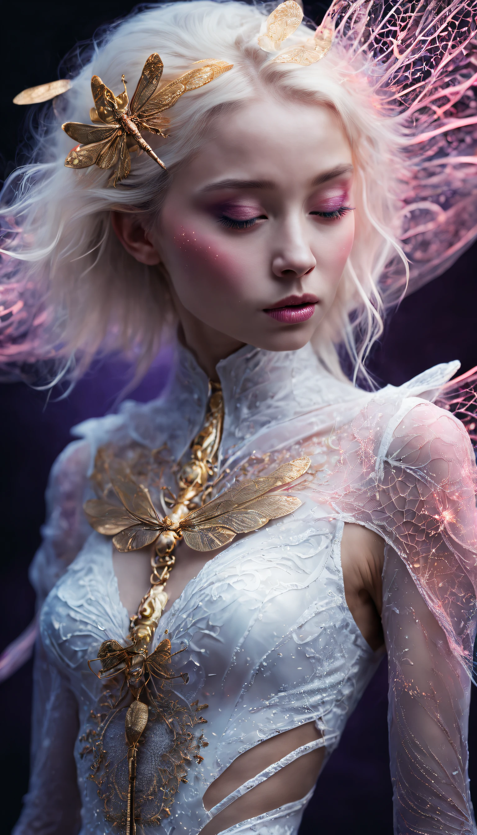 photo RAW, (Black, petrol, lilac and neon pink : waist Portrait of ghostly white dragonfly, russian blonde woman, shiny aura, highly detailed, gold filigree, intricate motifs, organic tracery, Januz Miralles, Hikari Shimoda, glowing stardust, perfect composition, smooth, sharp focus, sparkling particles, lively coral reef background Realistic, ((cowboy shot)), realism, hd, 35mm photograph, 8k), masterpiece, award winning photography, natural light, perfect composition, high detail, hyper realistic