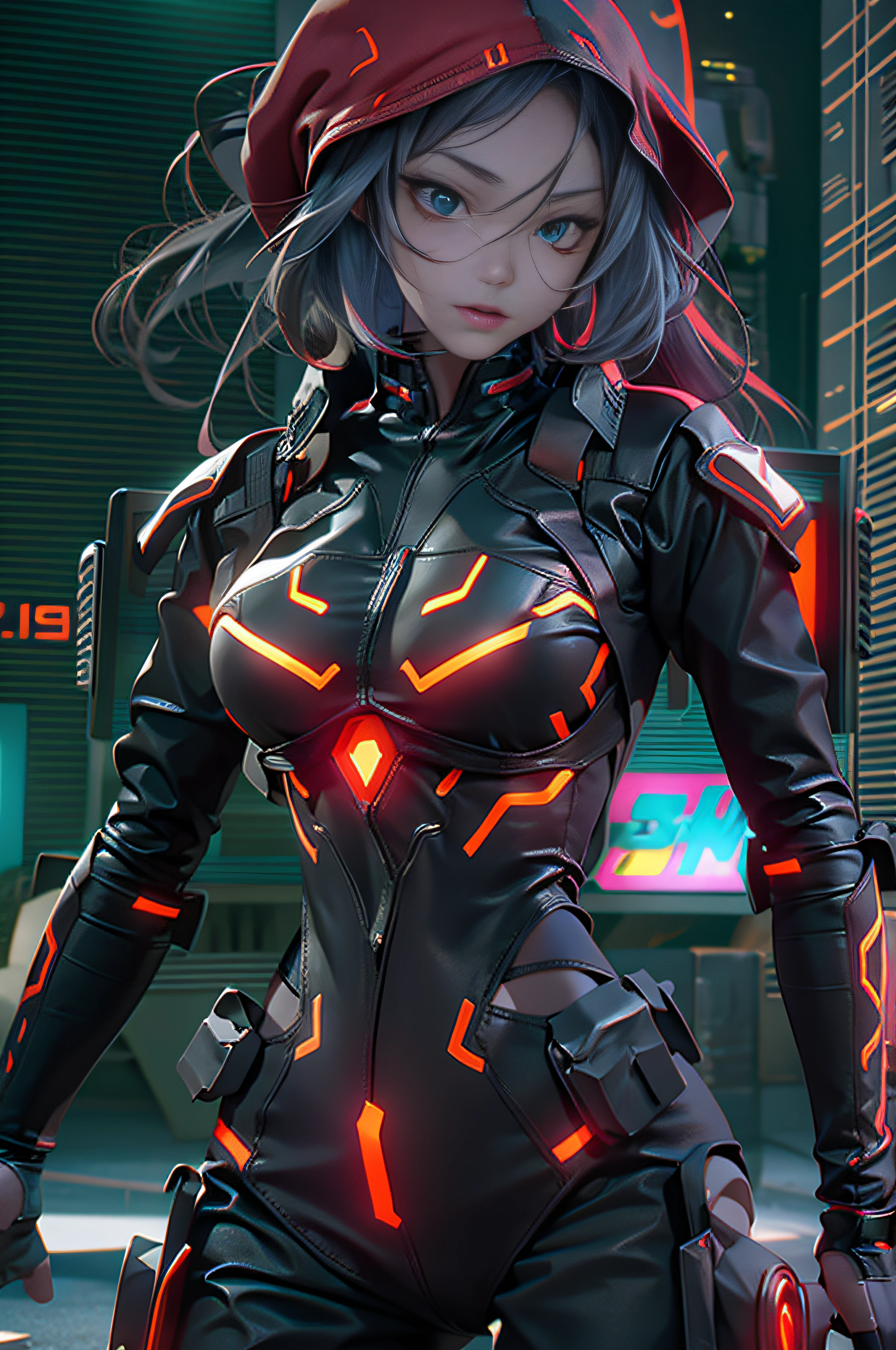 Muscle Special Forces Girl，radiant eyes,  Wearing black special forces equipment, Gun in hand, full body Esbian, Shoot at knee level, Cyberpunk, neon light, Futuristic, surrealist, Red，。.3D, redshift, Maxon Cinema 4D, Quaixel Megascan Rendering, Doomsday color, Red light, Futuristic, 1/3, high detailing, Ultra High Quality, Illusion Engine, 8K,