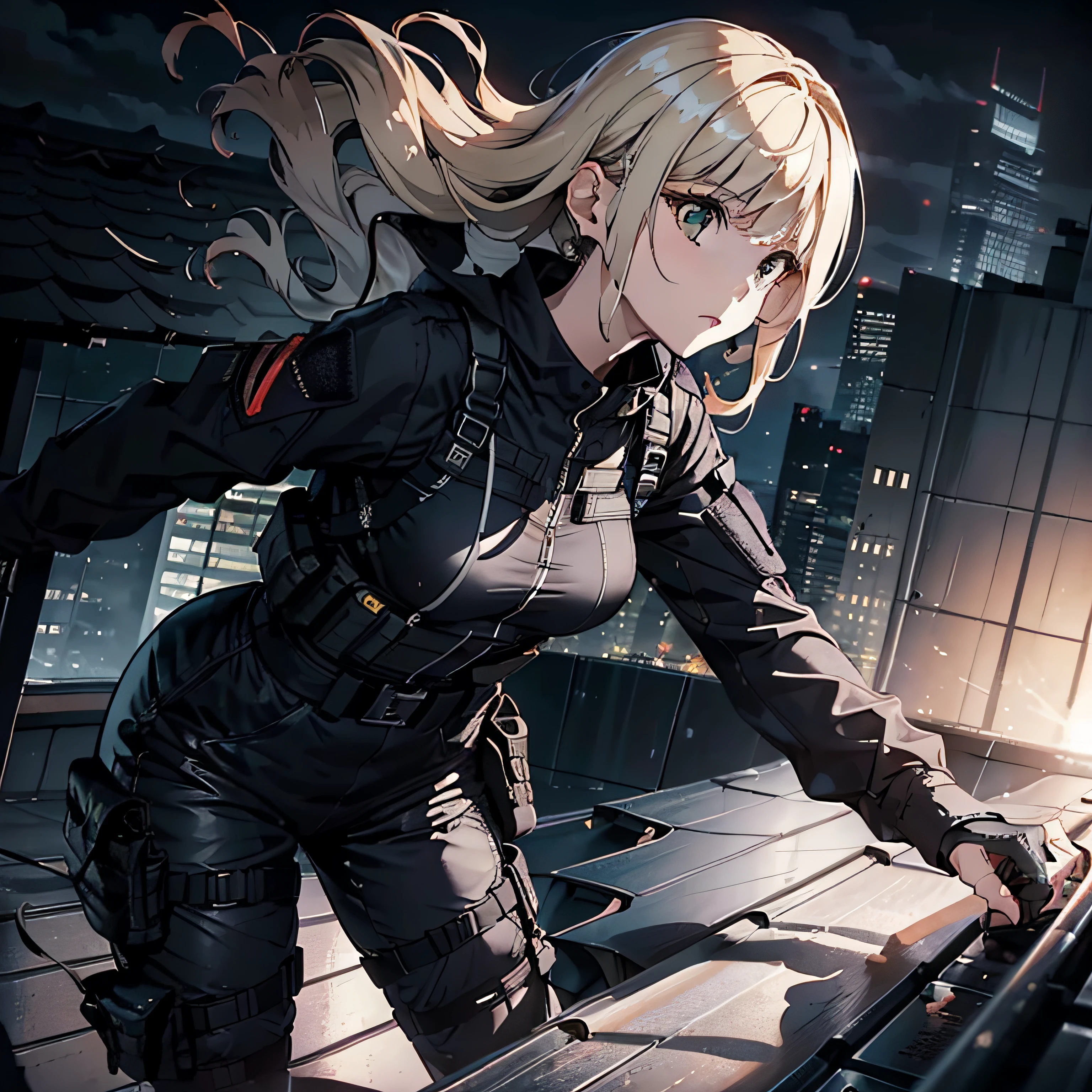 (Trained female soldiers)、((Aim and fire your rifle:1.4、Sniper stance、guns、h&K HK416))、1 Women、thick body、(Black combat uniform)、(platinum-blonde-hair:1.2)、((超A high resolution))、Detail Write、​masterpiece、top-quality、extremely details CG、8K picture quality、Cinematographic lighting、lensflare、(Skyscraper rooftop at night:1.4)、Hyper-detailing、((Dynamic Angle Bust Shots:1.4))、Detailed firearm depiction、Rifle with perfect detail、Perfect barrel that does not distort、Fighter in the sky、Military drones