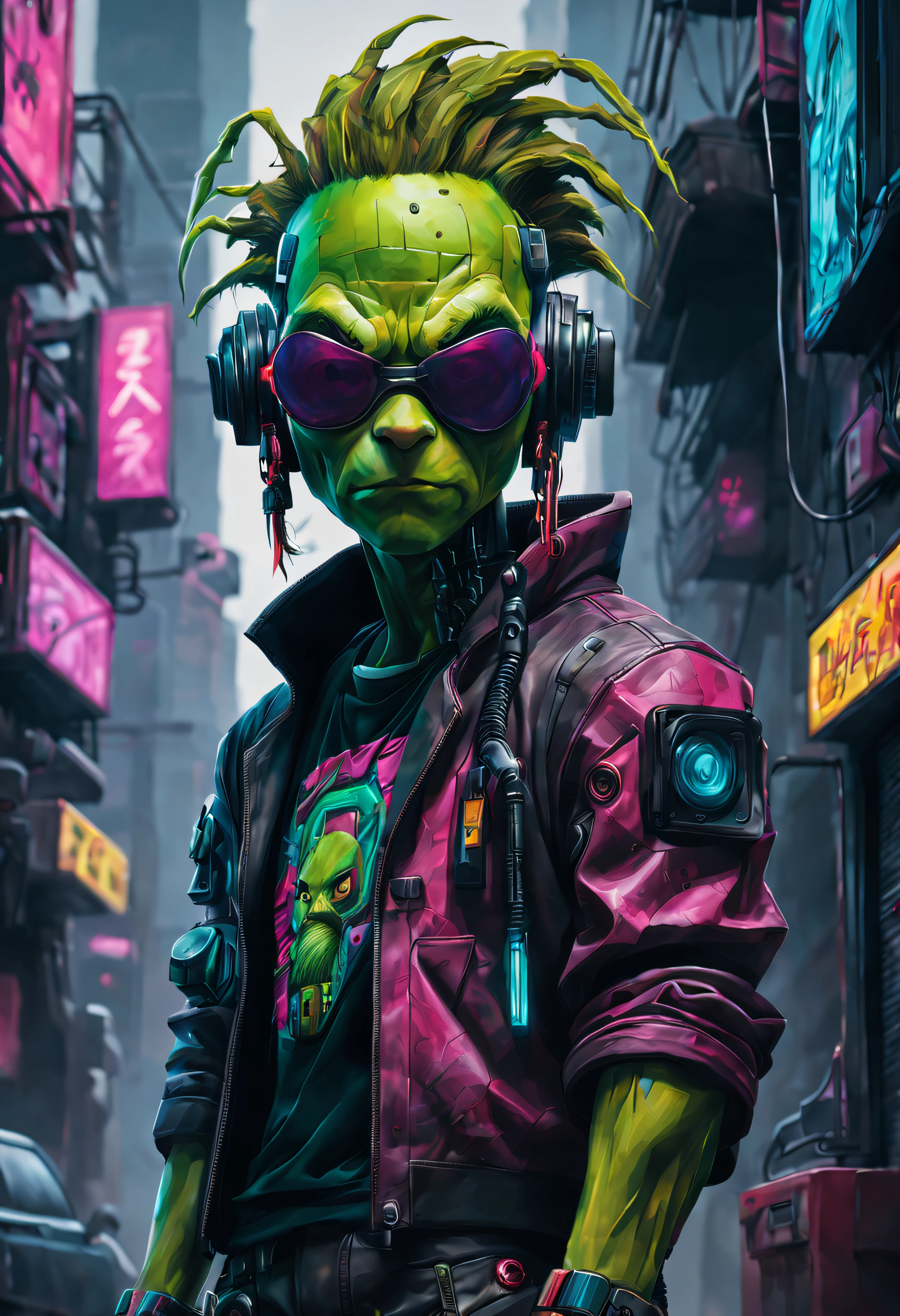 aesthetic, figurative, style mix of acrylic painting, watercolor, oil painting, photography, digital art, brush strokes, a (((cyberpunk))) Grinch, highly detailed ,cybernetics, full body, ultra detailed, very intricate, low poly, abstract surreal,  niji style, graffiti style,  comics style, anime style